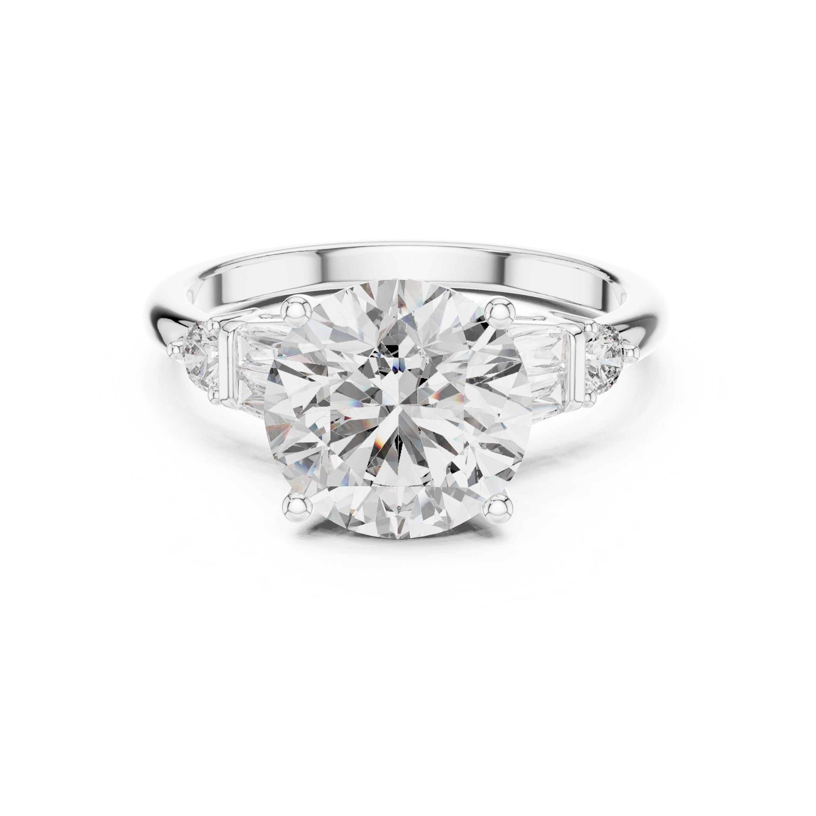 Round Diamond Engagement Ring with Tapered Baguette Side Accents in White Gold - VYKA Diamonds
