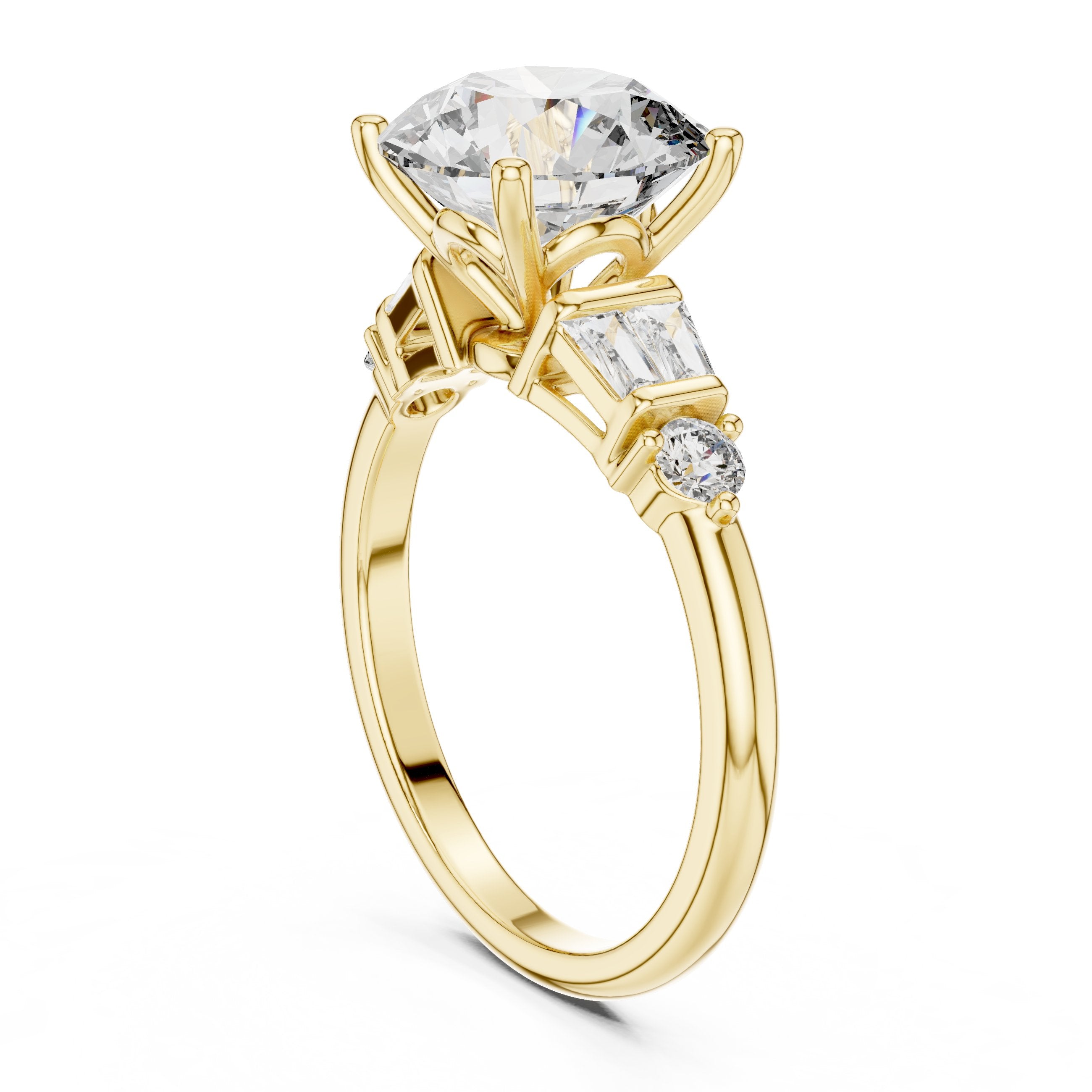 Round Diamond Engagement Ring with Tapered Baguette Side Accents in Yellow Gold - VYKA Diamonds