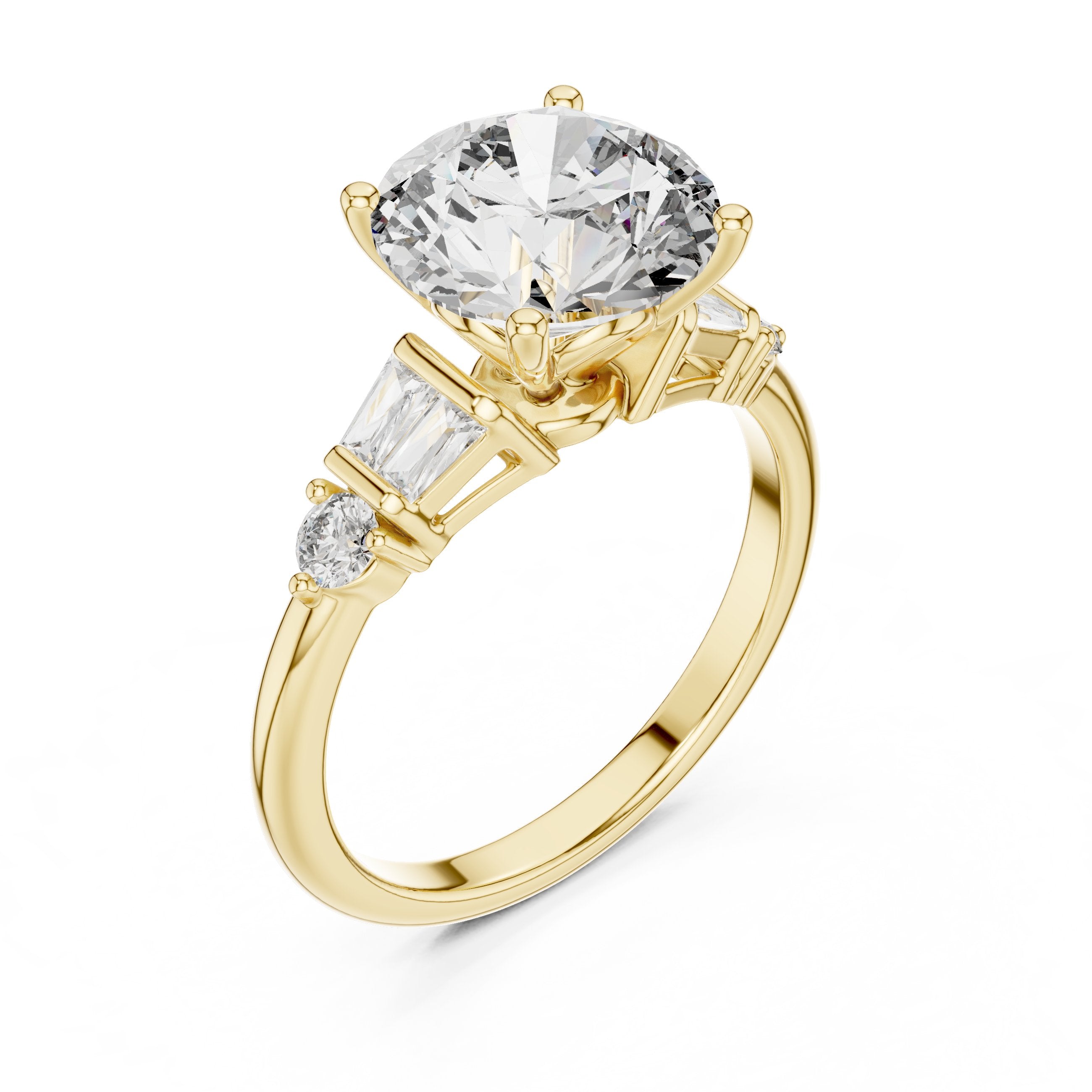 Round Diamond Engagement Ring with Tapered Baguette Side Accents in Yellow Gold - VYKA Diamonds