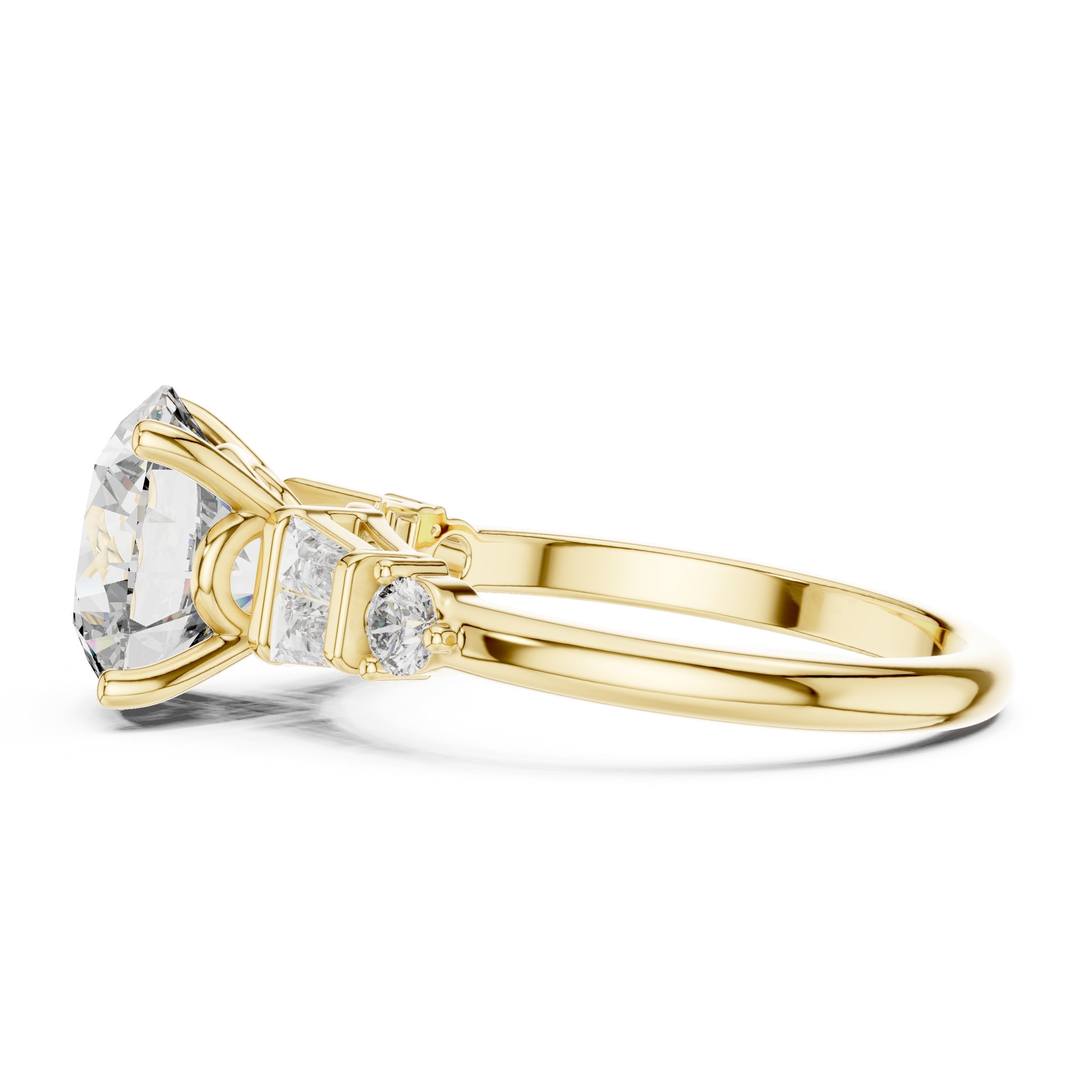 Round Diamond Engagement Ring with Tapered Baguette Side Accents in Yellow Gold - VYKA Diamonds
