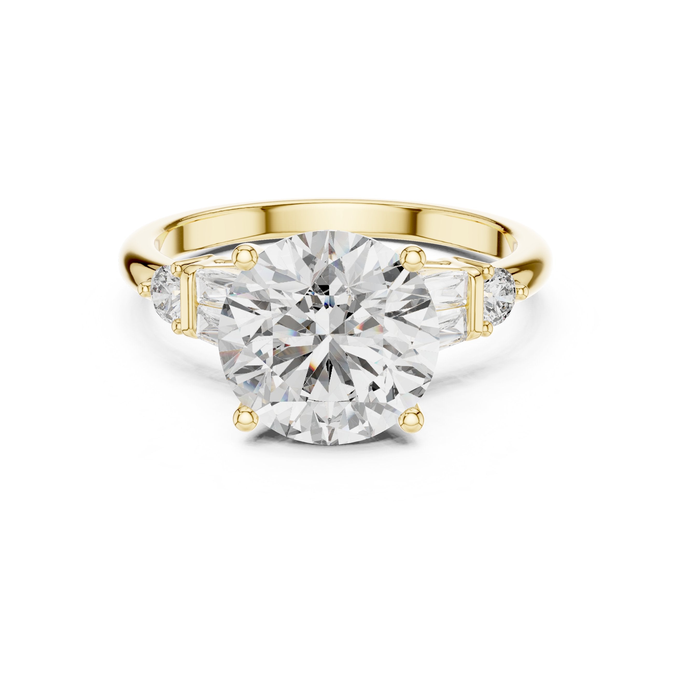Round Diamond Engagement Ring with Tapered Baguette Side Accents in Yellow Gold - VYKA Diamonds
