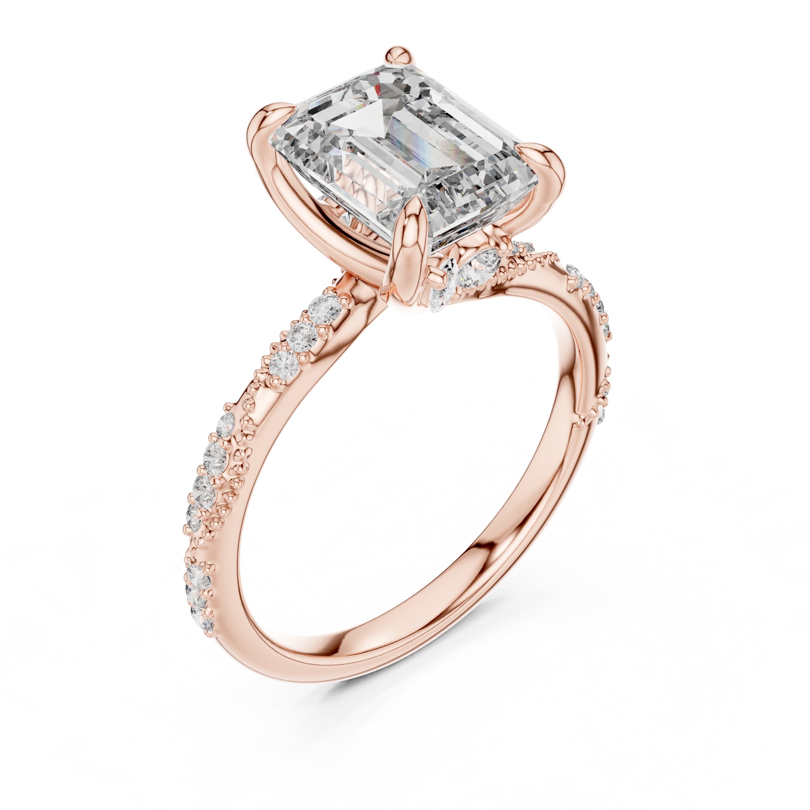Emerald Cut Engagement Ring with Twisted Pavé Band in Rose Gold - VYKA Diamonds