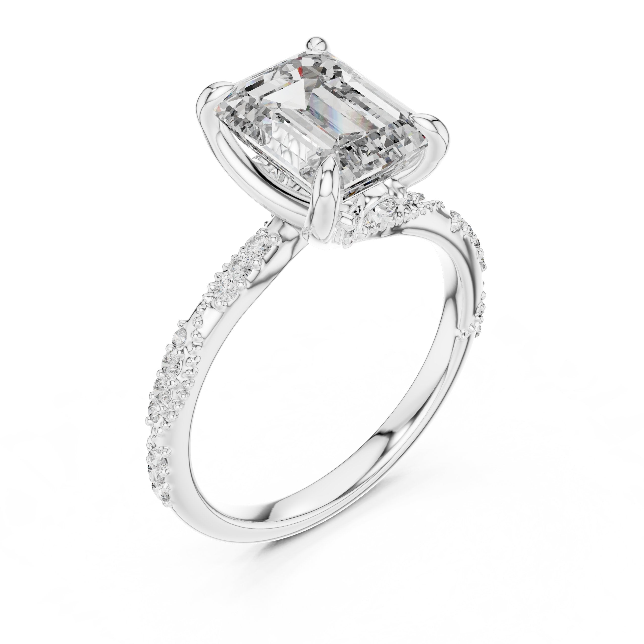 Emerald Cut Engagement Ring with Twisted Pavé Band in White Gold - VYKA Diamonds
