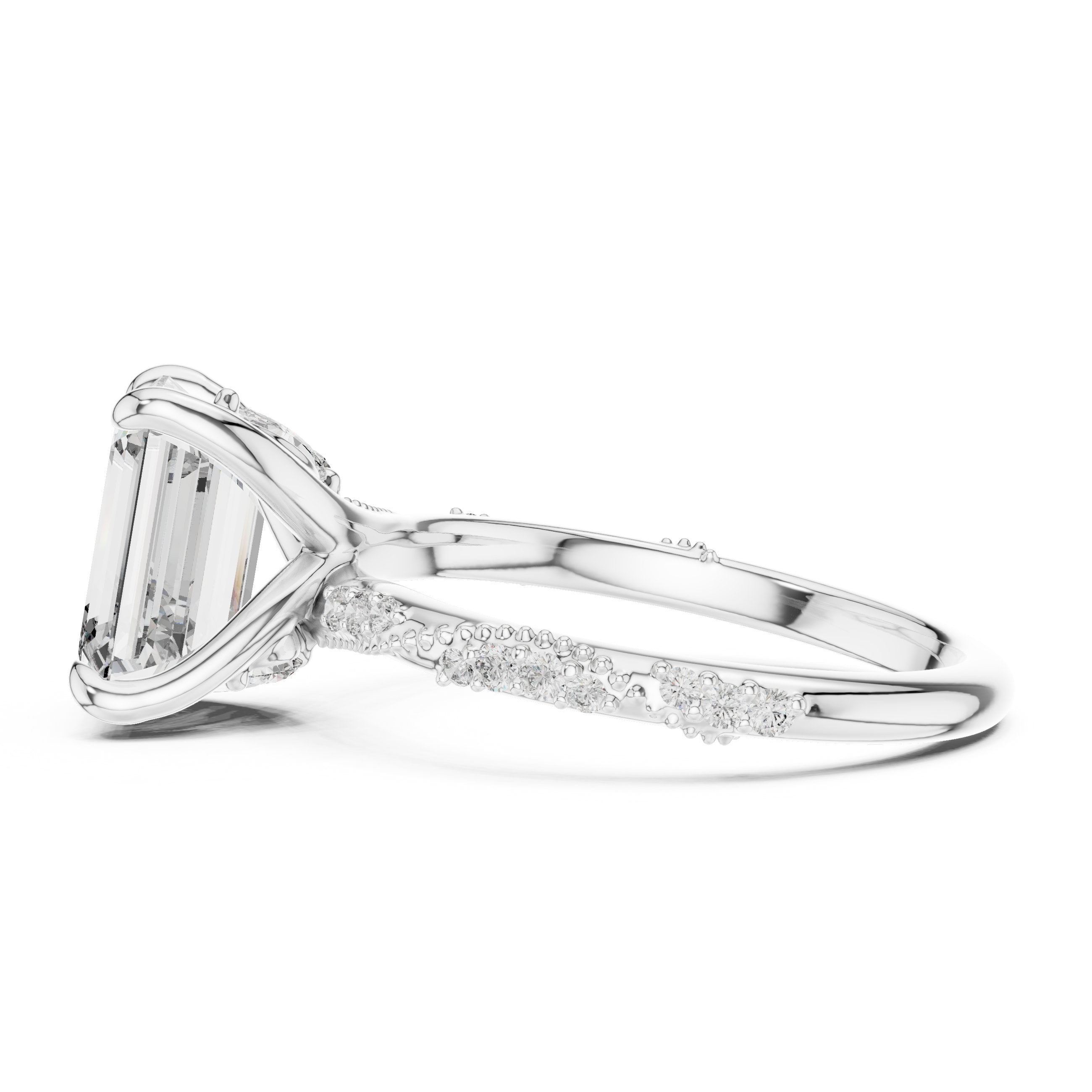 Emerald Cut Engagement Ring with Twisted Pavé Band in White Gold - VYKA Diamonds