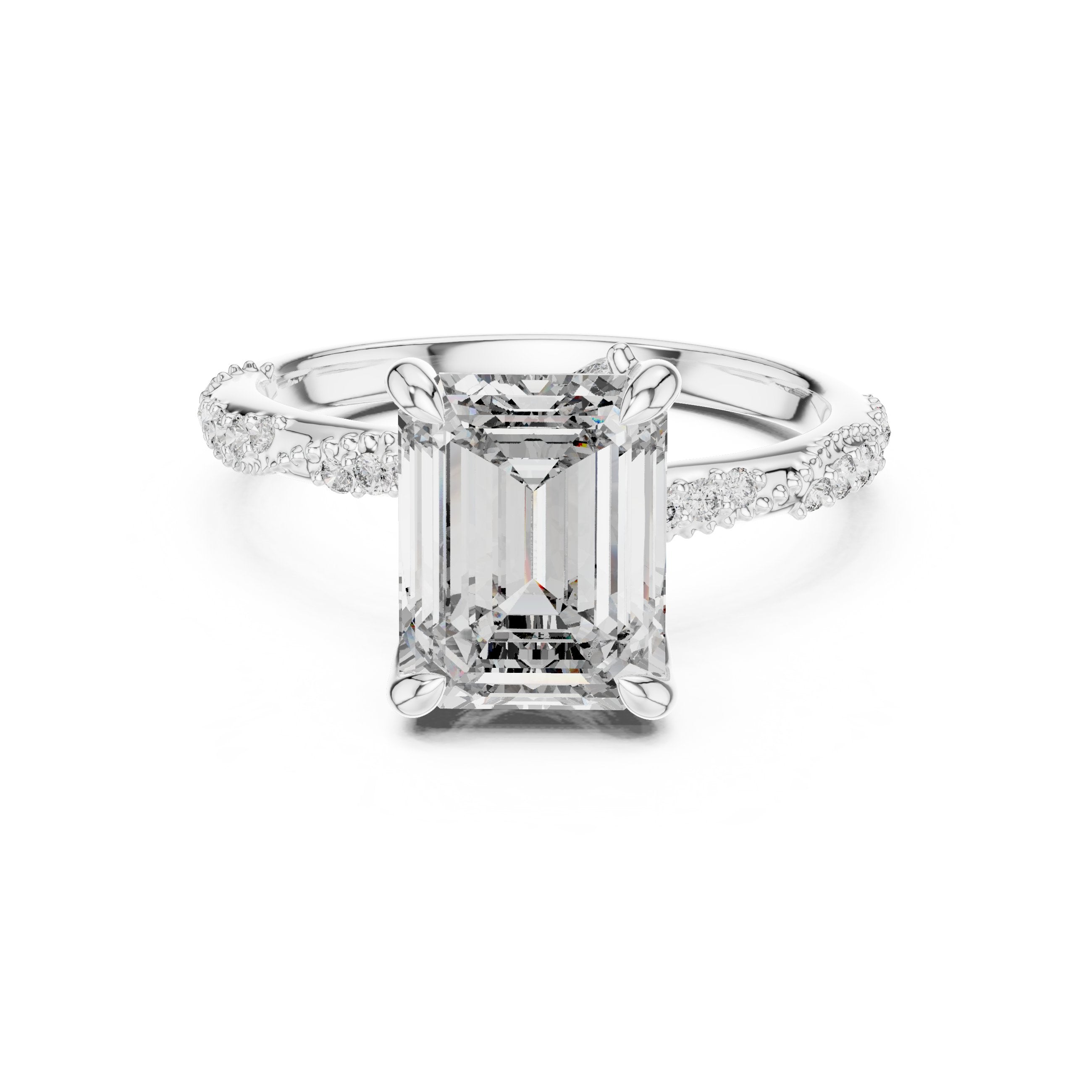 Emerald Cut Engagement Ring with Twisted Pavé Band in White Gold - VYKA Diamonds