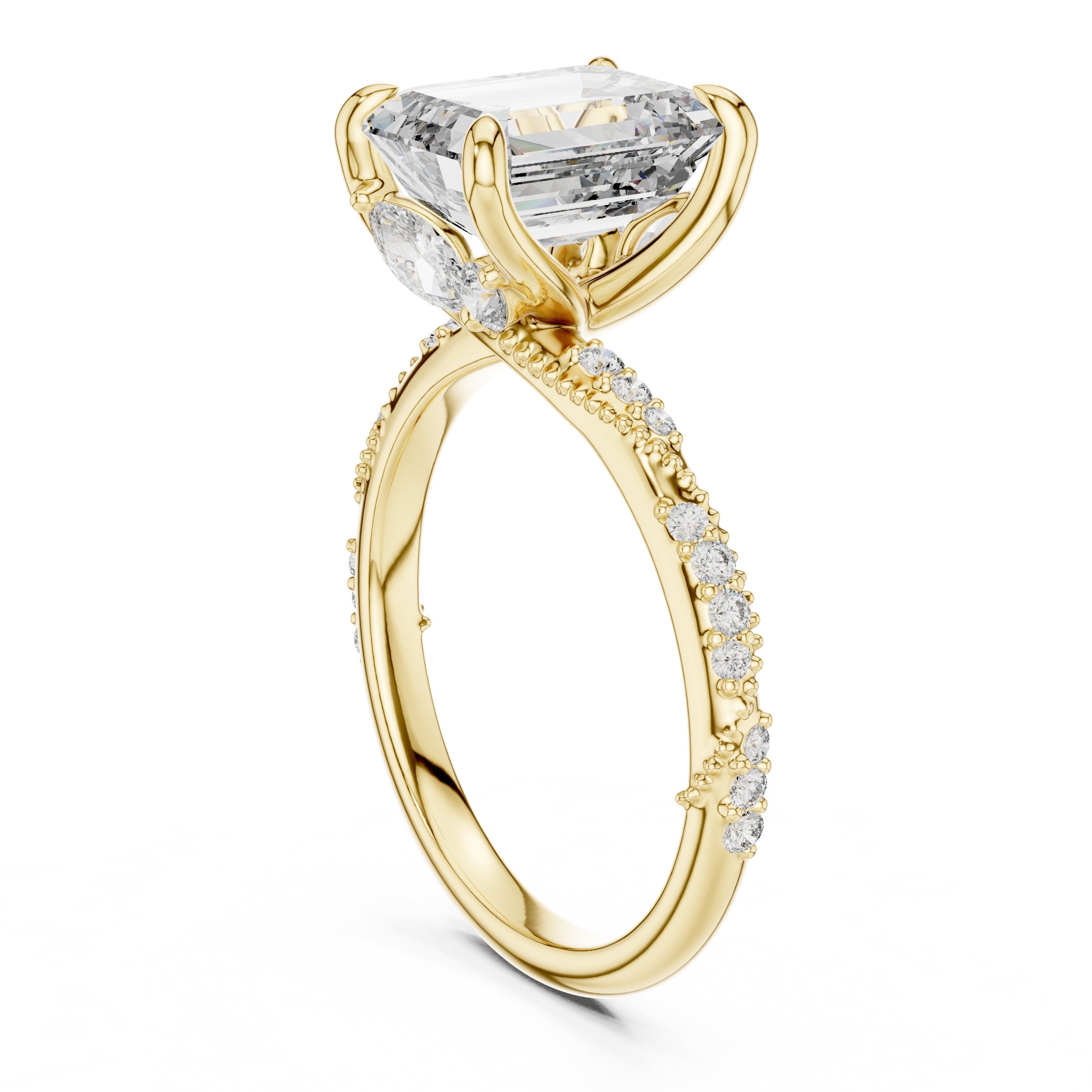 Emerald Cut Engagement Ring with Twisted Pavé Band in Yellow Gold - VYKA Diamonds