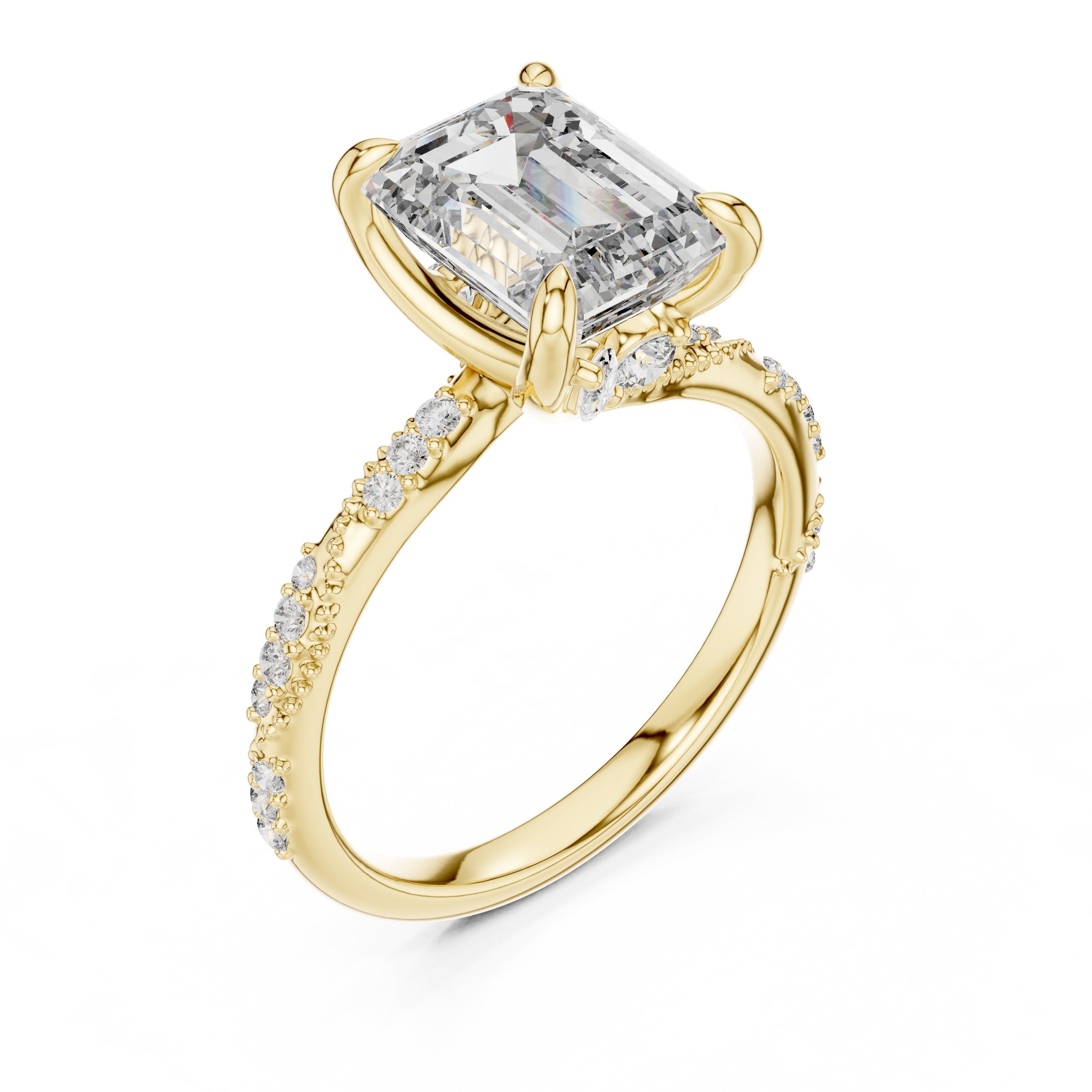 Emerald Cut Engagement Ring with Twisted Pavé Band in Yellow Gold - VYKA Diamonds