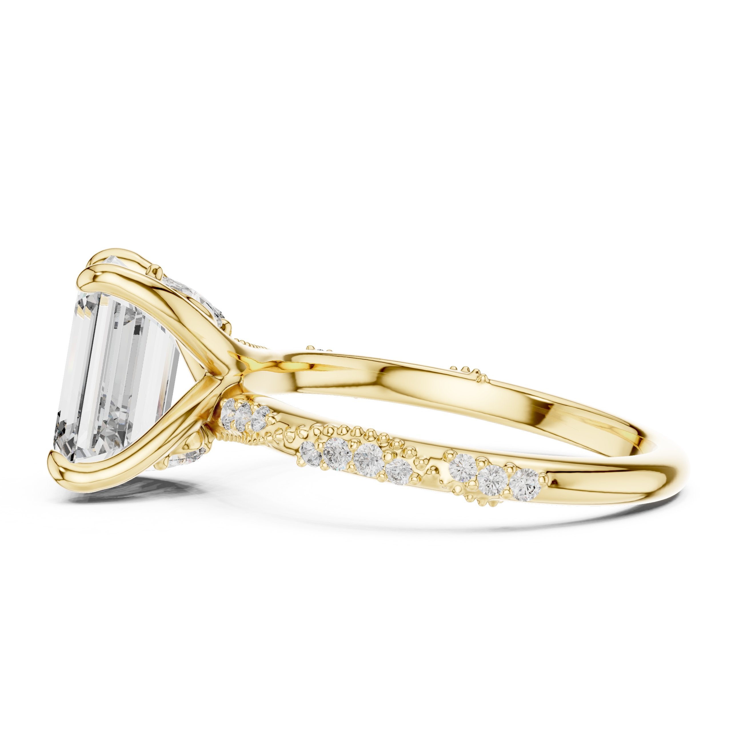 Emerald Cut Engagement Ring with Twisted Pavé Band in Yellow Gold - VYKA Diamonds