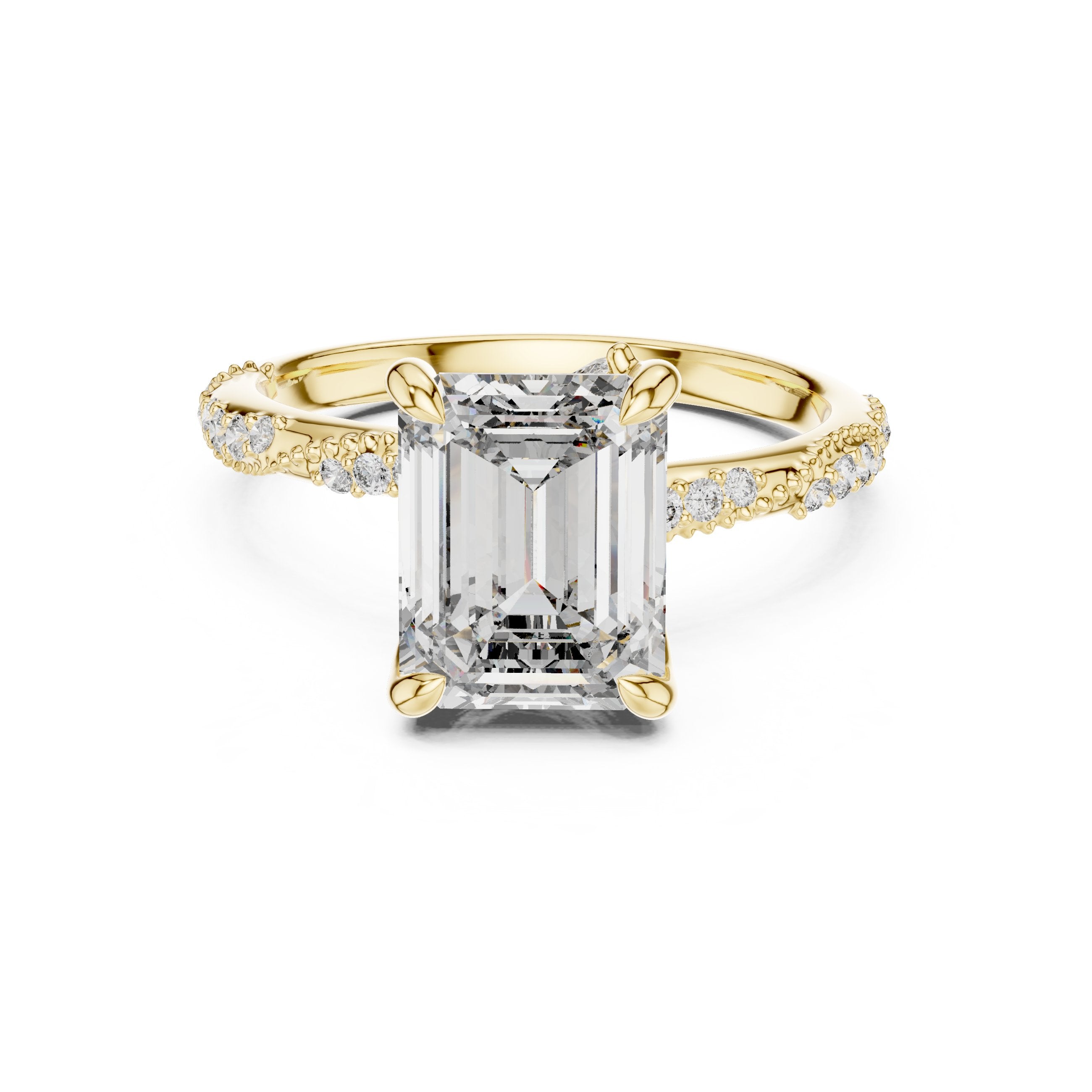 Emerald Cut Engagement Ring with Twisted Pavé Band in Yellow Gold - VYKA Diamonds