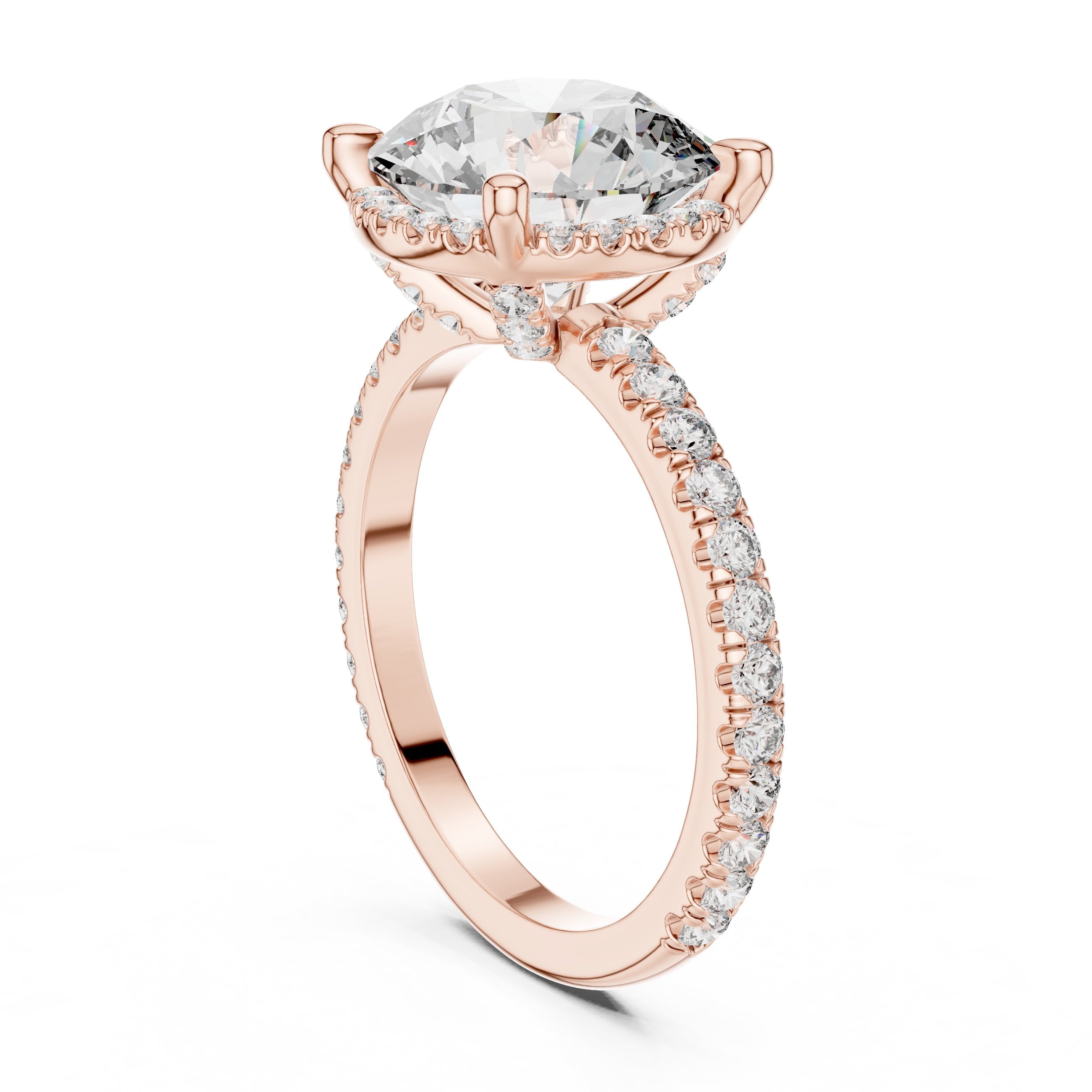 Round Diamond Halo Engagement Ring with Pavé Wrap Band in Rose Gold - VYKA Diamonds