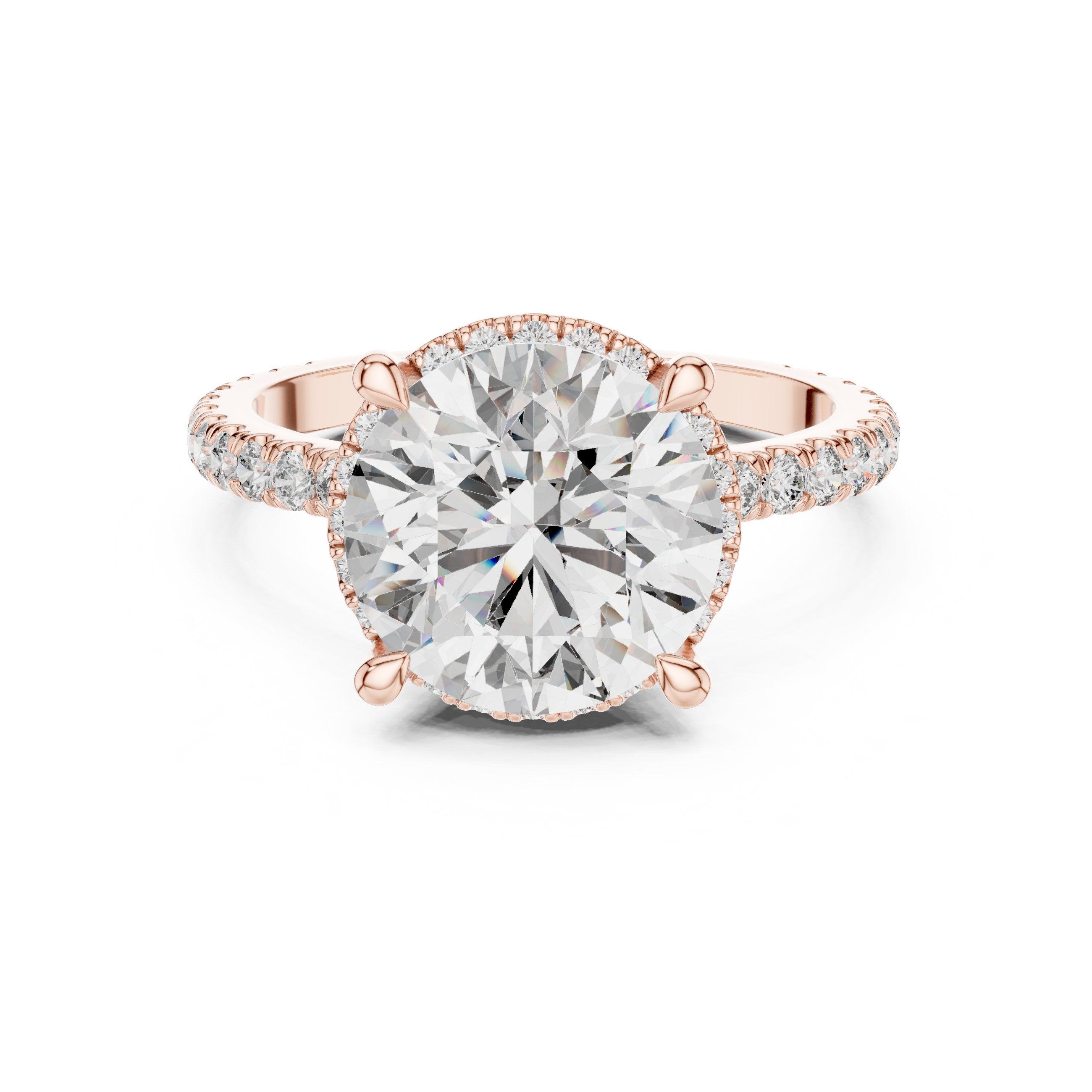 Round Diamond Halo Engagement Ring with Pavé Wrap Band in Rose Gold - VYKA Diamonds