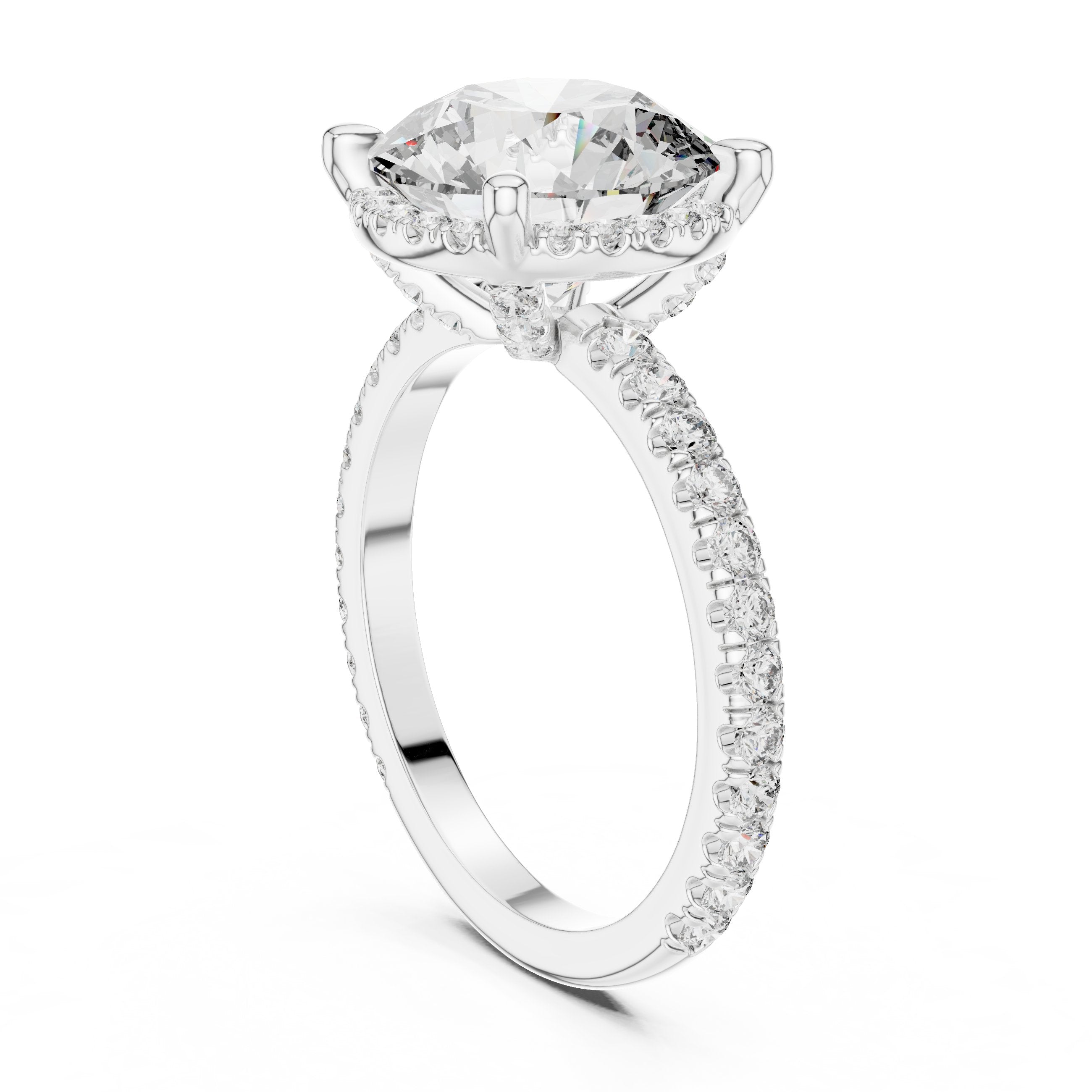 Round Diamond Halo Engagement Ring with Pavé Wrap Band in White Gold - VYKA Diamonds