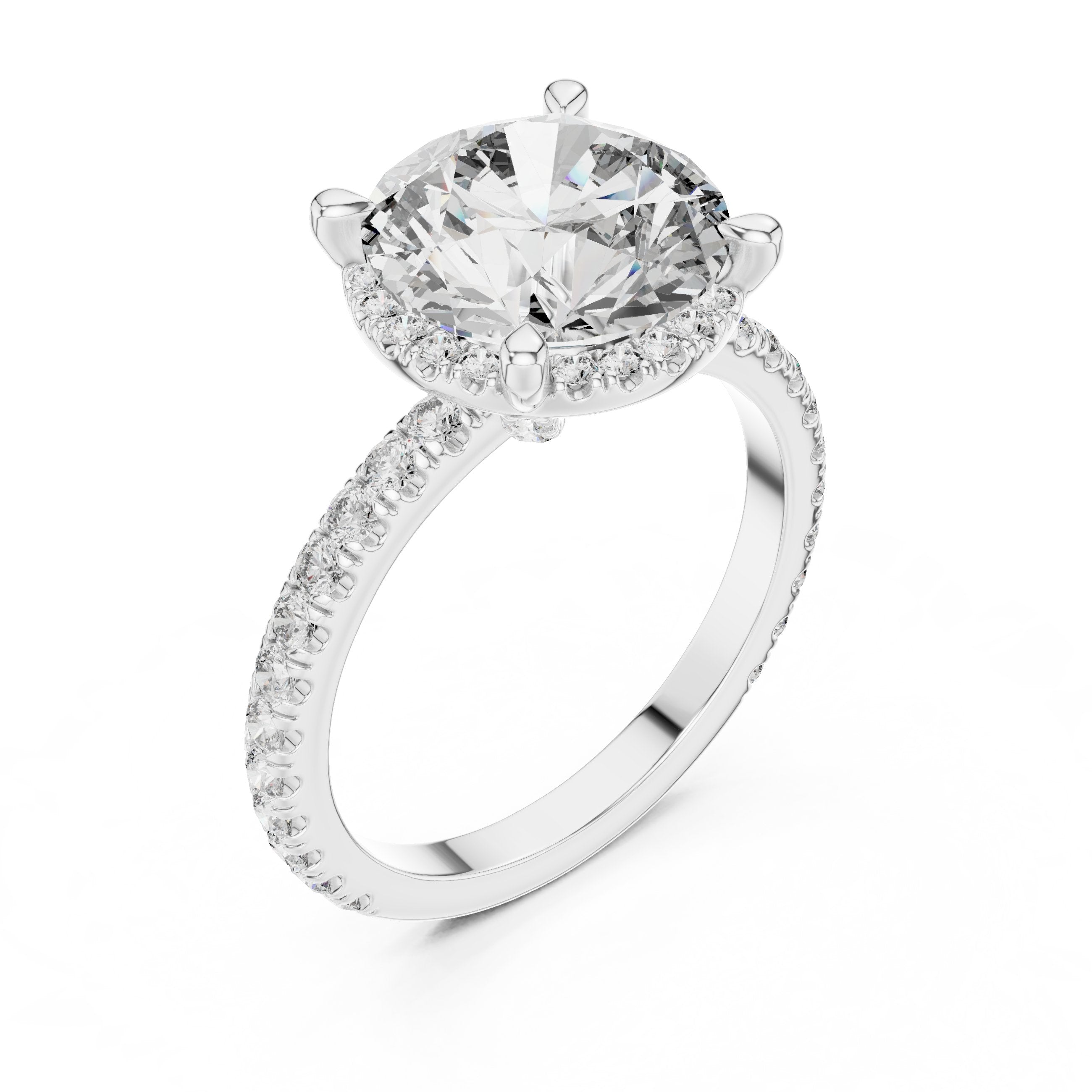Round Diamond Halo Engagement Ring with Pavé Wrap Band in White Gold - VYKA Diamonds