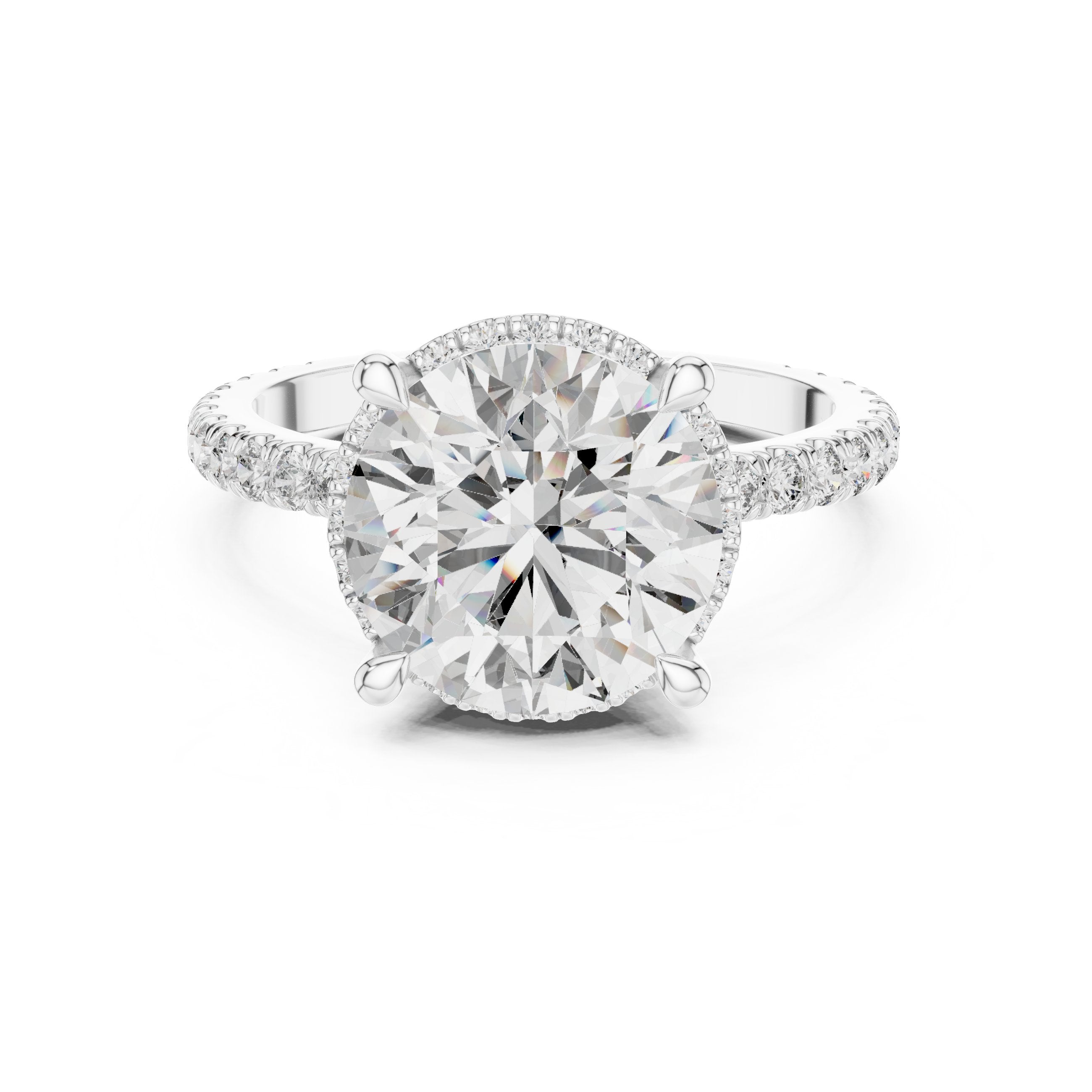 Round Diamond Halo Engagement Ring with Pavé Wrap Band in White Gold - VYKA Diamonds
