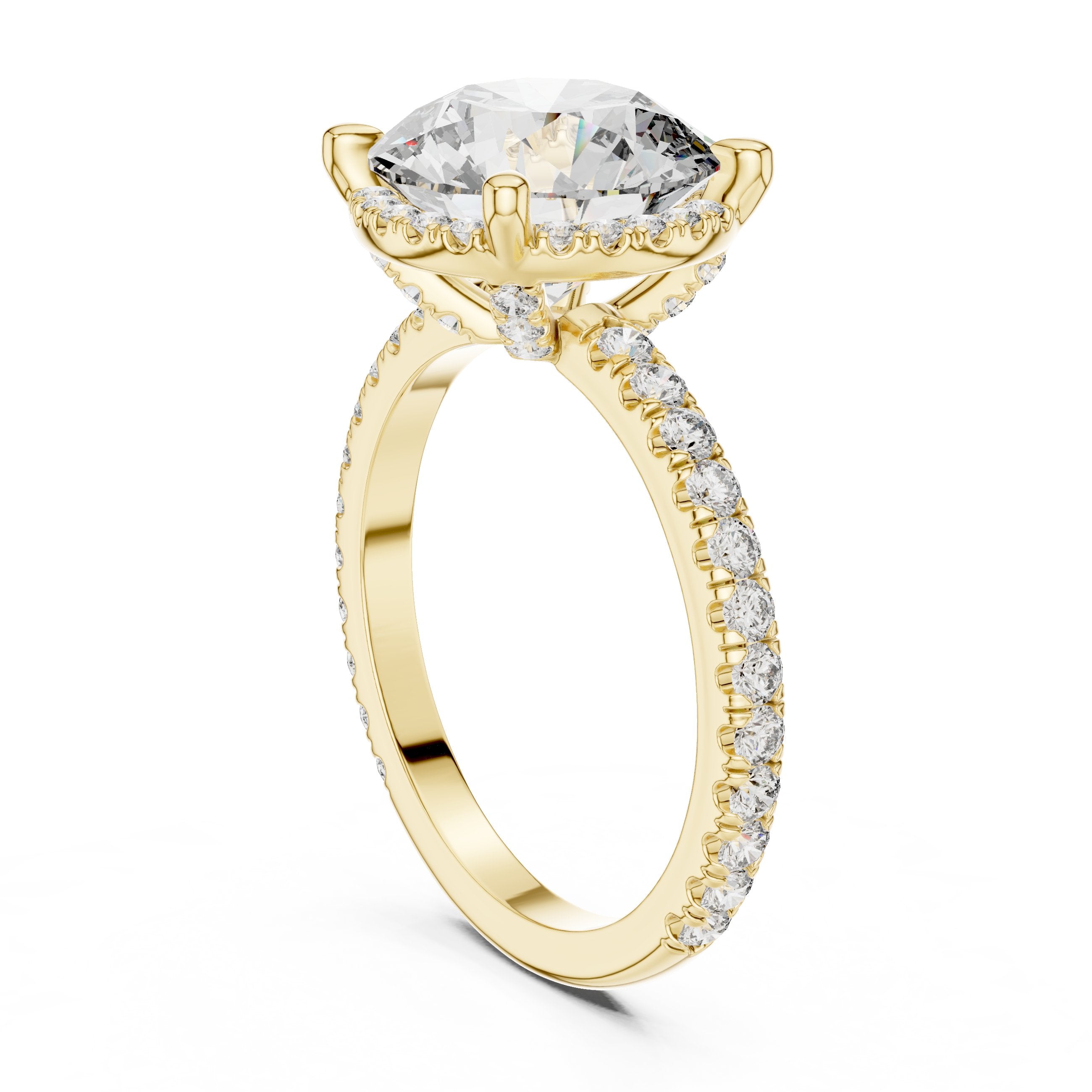 Round Diamond Halo Engagement Ring with Pavé Wrap Band in Yellow Gold - VYKA Diamonds