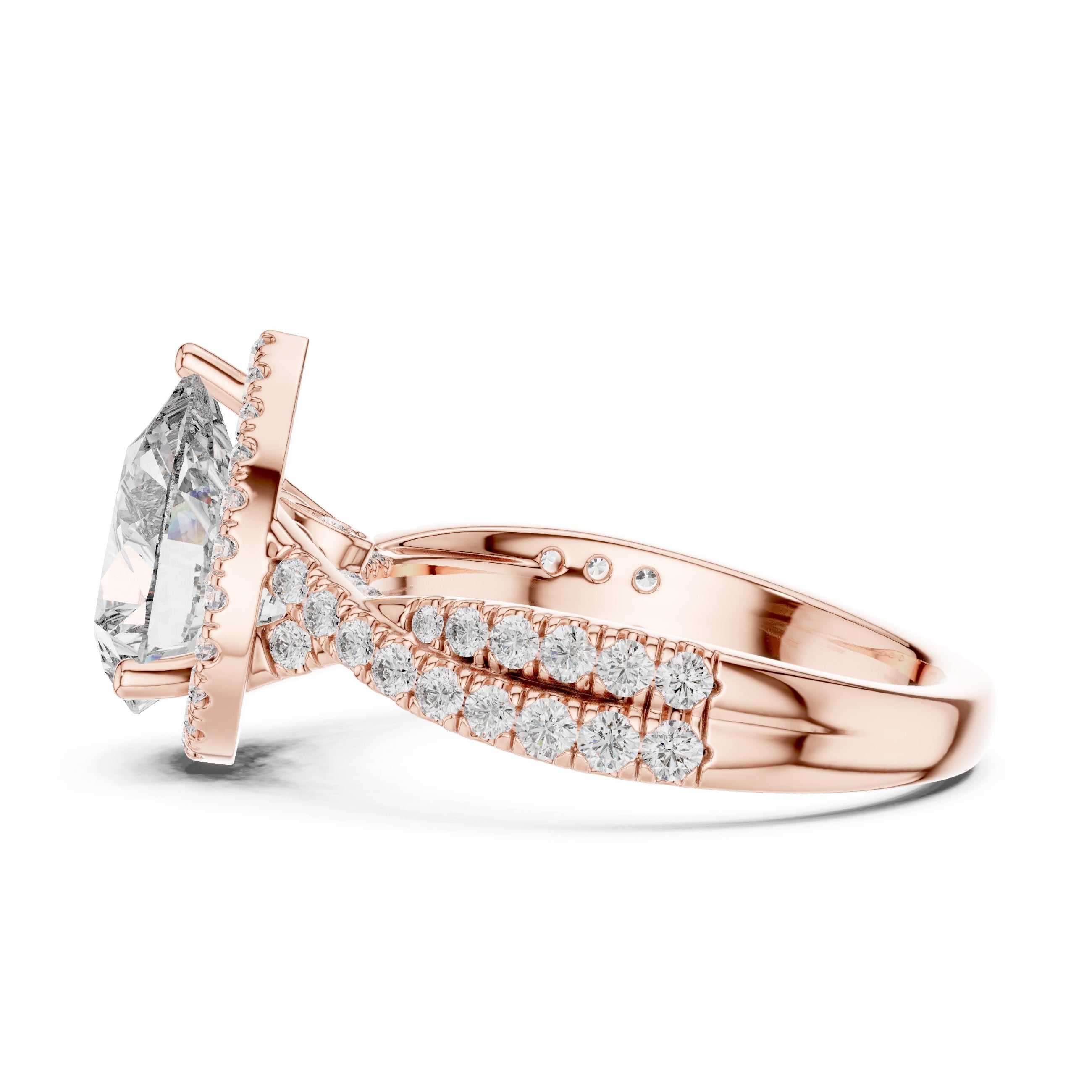 Pear Diamond Halo Engagement Ring with Crossover Twisted Pavé Band in Rose Gold - VYKA Diamonds