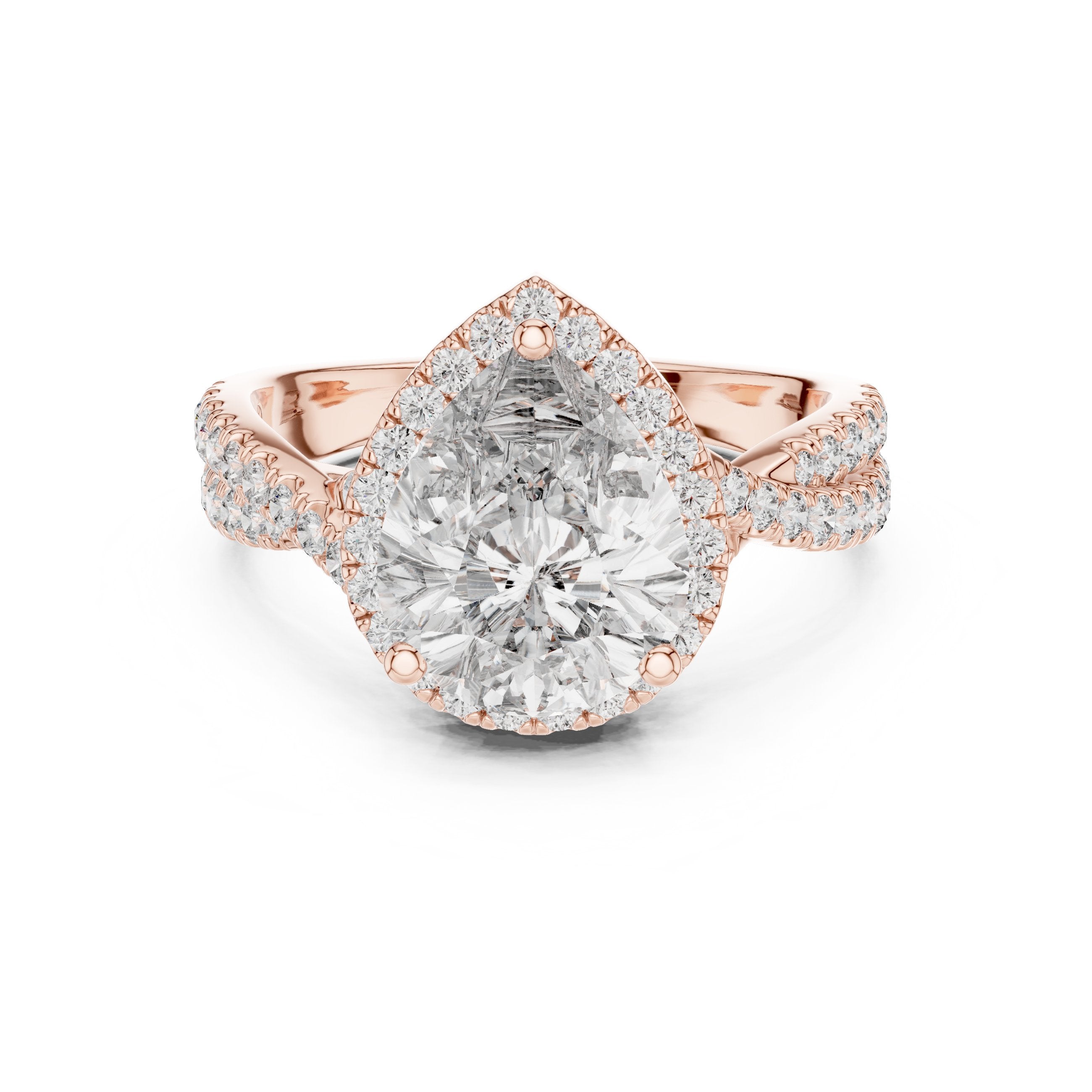 Pear Diamond Halo Engagement Ring with Crossover Twisted Pavé Band in Rose Gold - VYKA Diamonds
