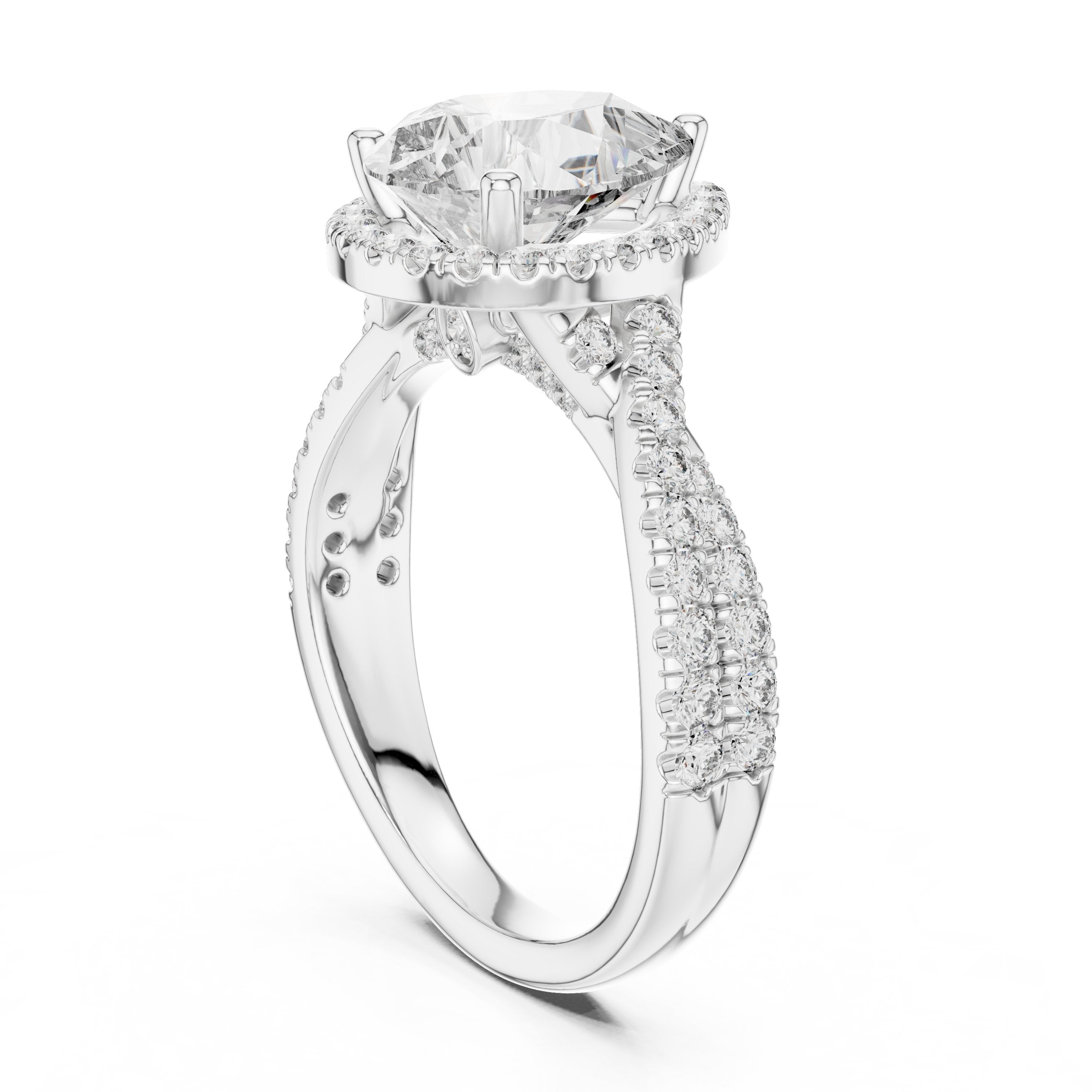 Pear Diamond Halo Engagement Ring with Crossover Twisted Pavé Band in White Gold - VYKA Diamonds