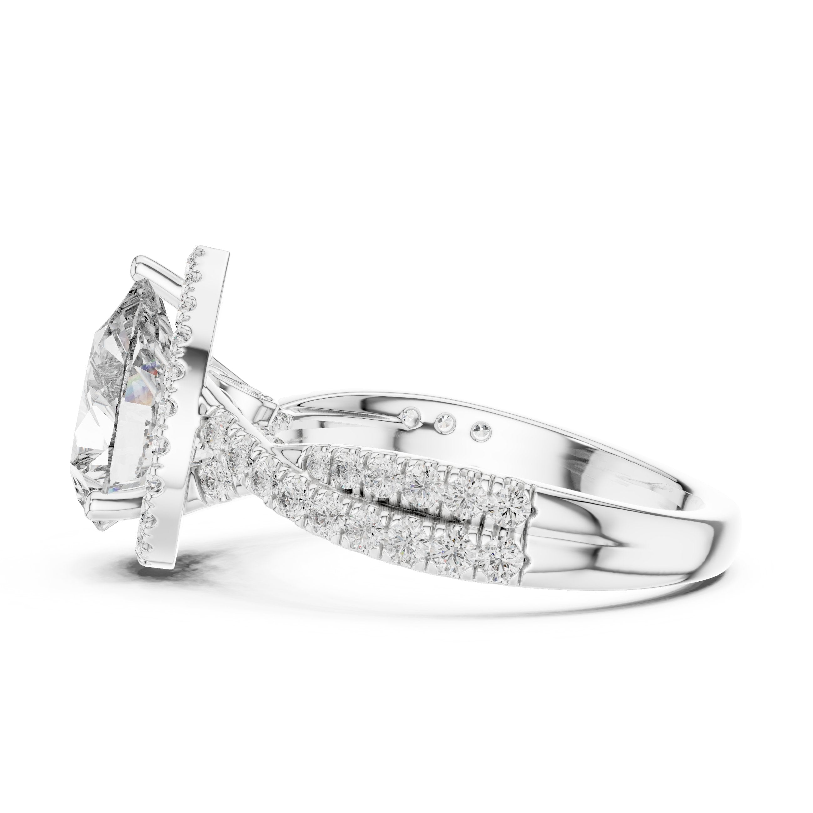 Pear Diamond Halo Engagement Ring with Crossover Twisted Pavé Band in White Gold - VYKA Diamonds