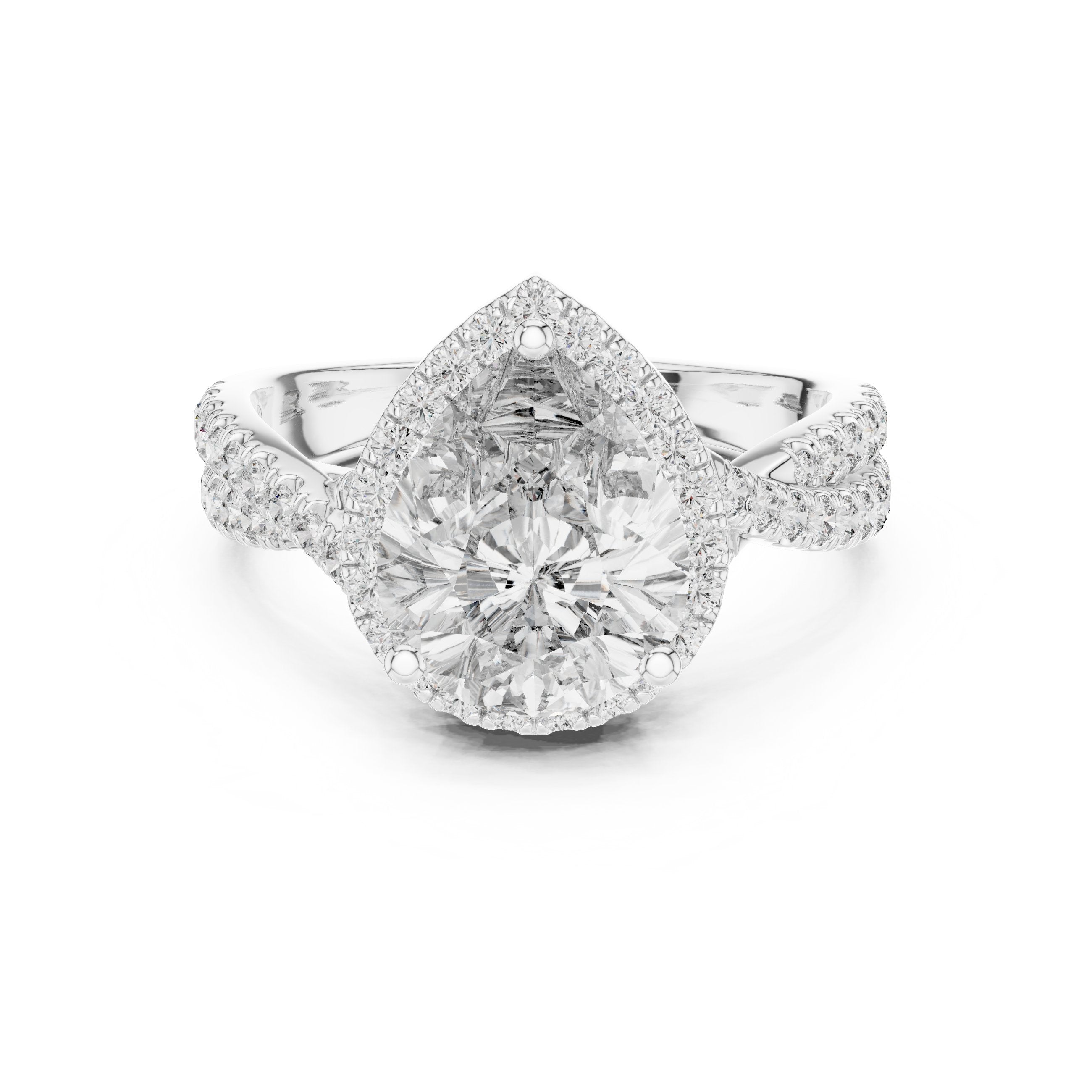 Pear Diamond Halo Engagement Ring with Crossover Twisted Pavé Band in White Gold - VYKA Diamonds