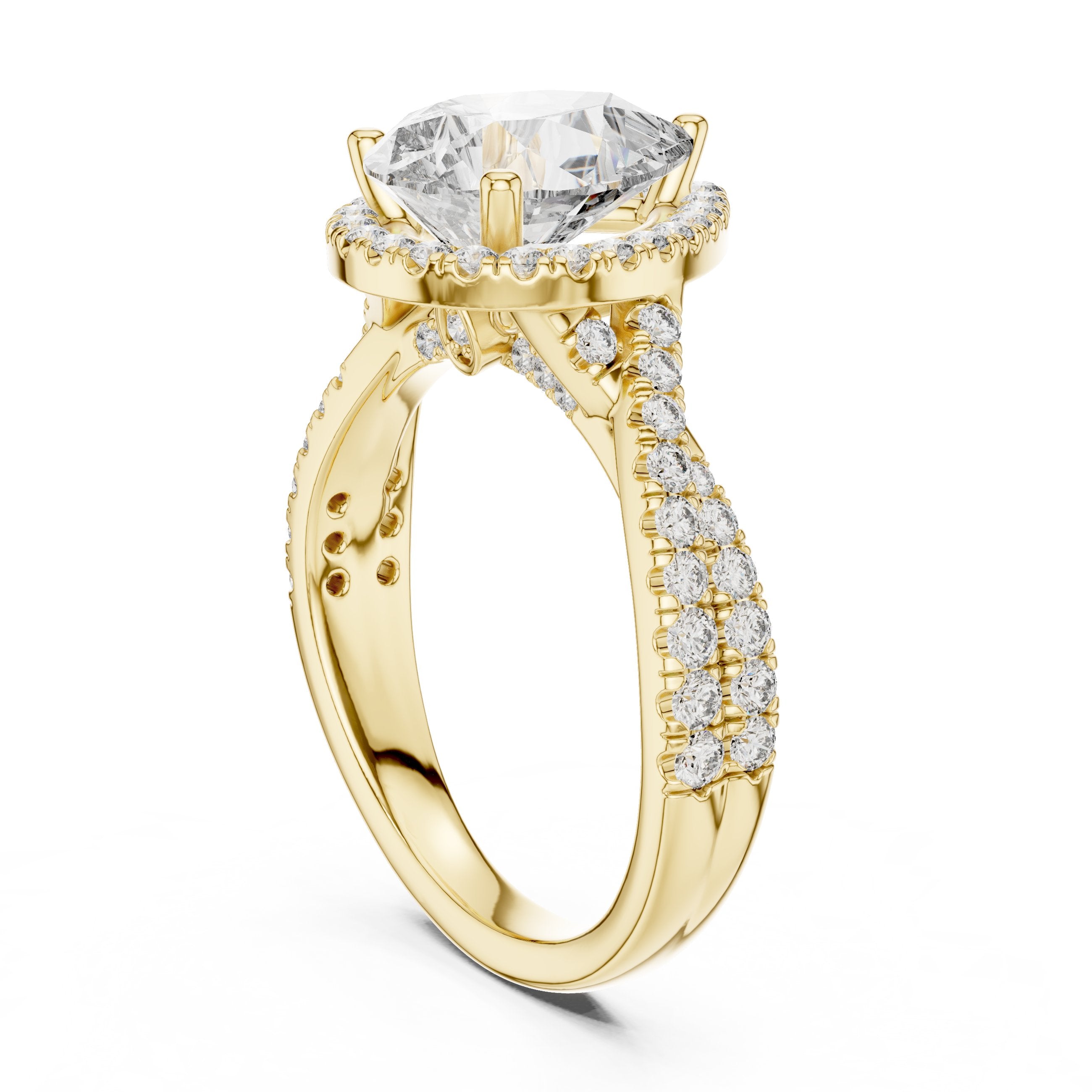 Pear Diamond Halo Engagement Ring with Crossover Twisted Pavé Band in Yellow Gold - VYKA Diamonds