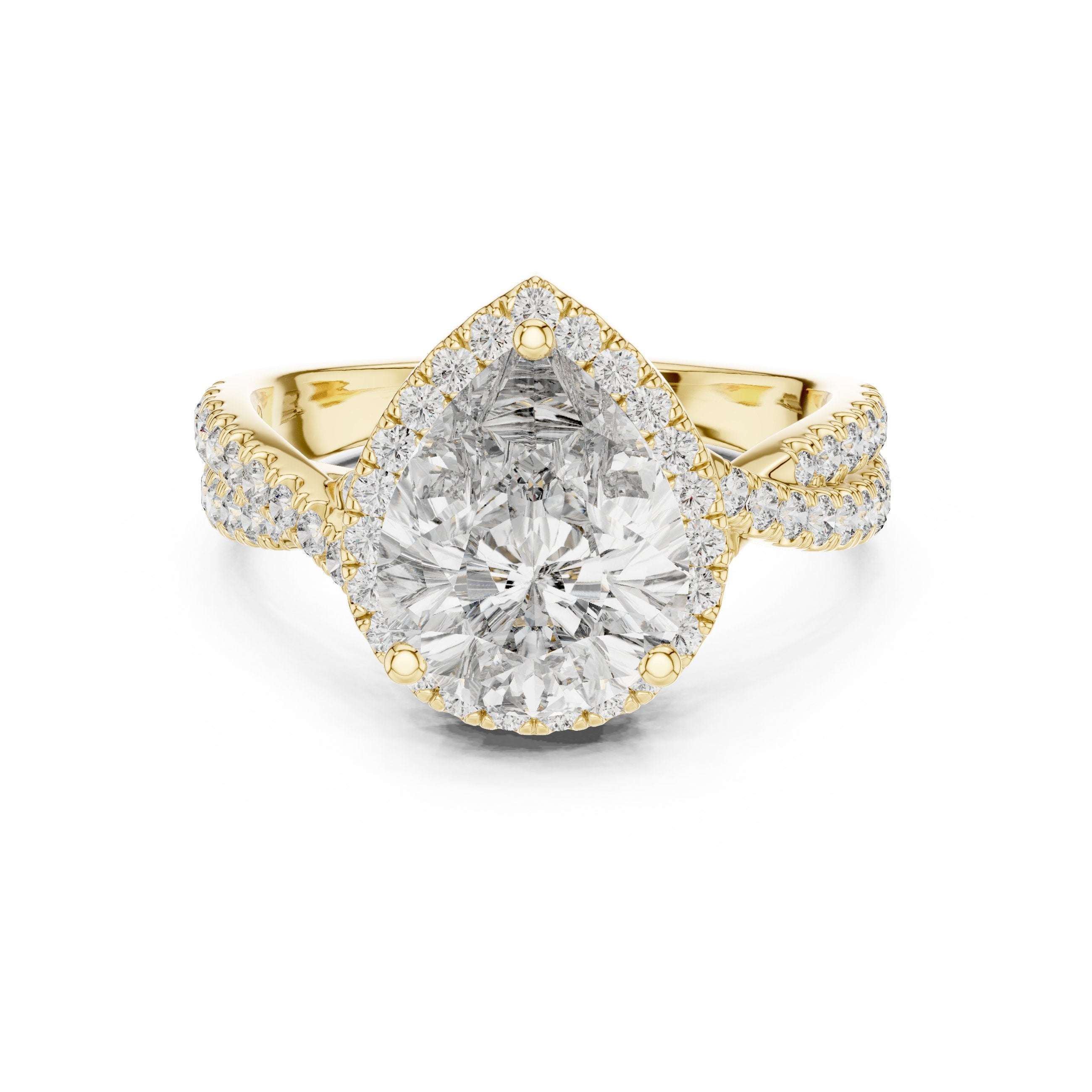 Pear Diamond Halo Engagement Ring with Crossover Twisted Pavé Band in Yellow Gold - VYKA Diamonds