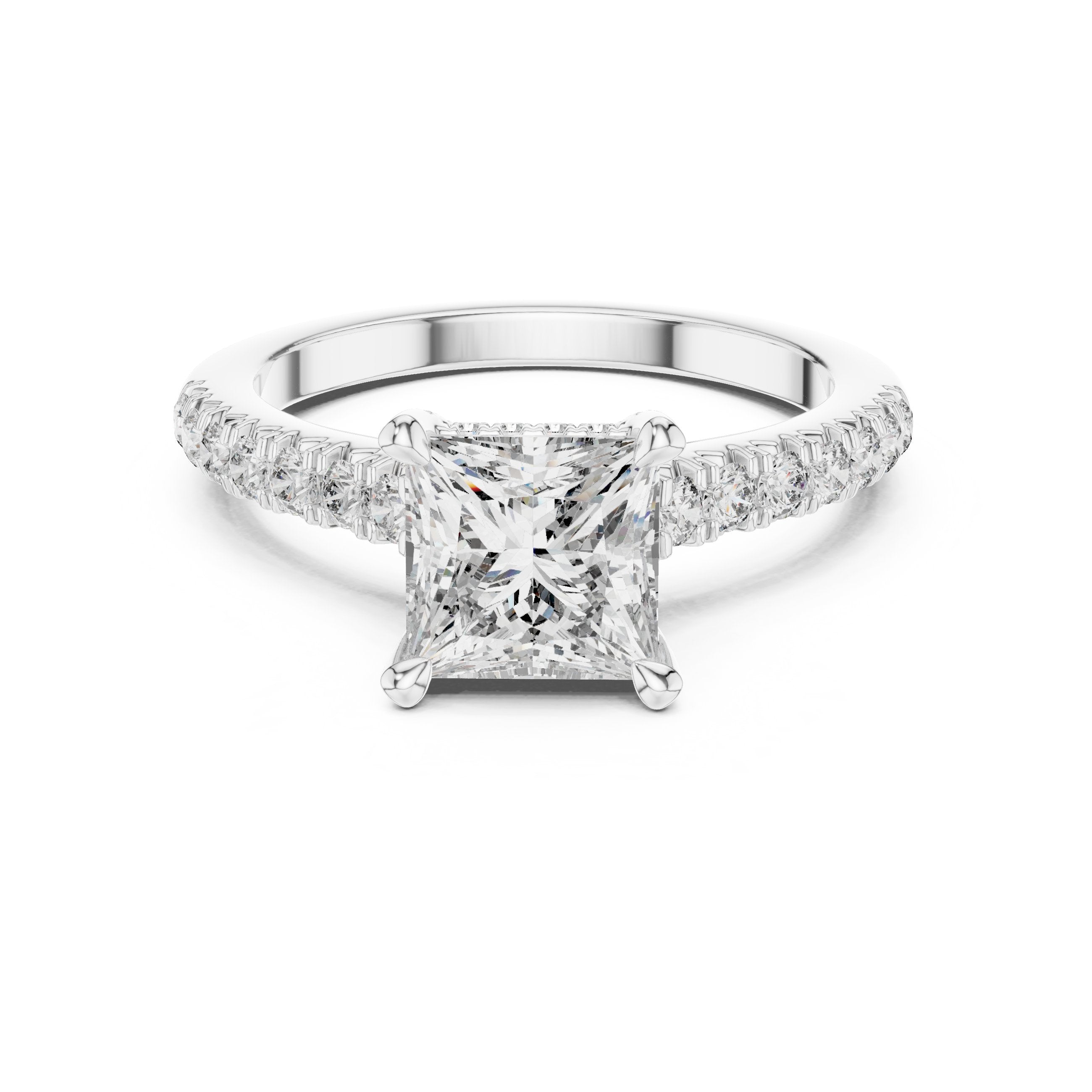 Princess Cut Engagement Ring with Pavé Band in White Gold - VYKA Diamonds