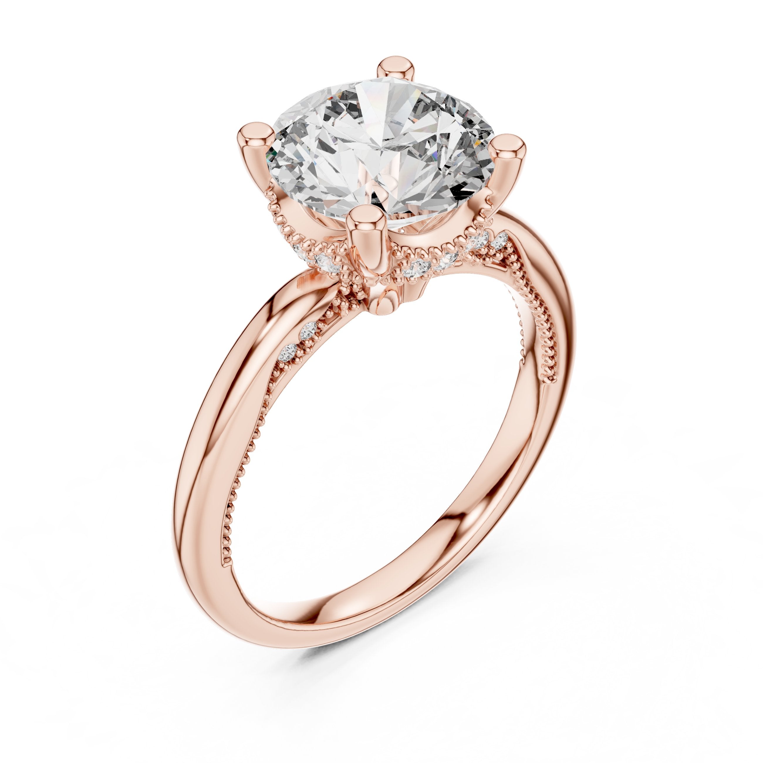 Round Diamond Solitaire Engagement Ring with Vintage Milgrain Band in Rose Gold - VYKA Diamonds