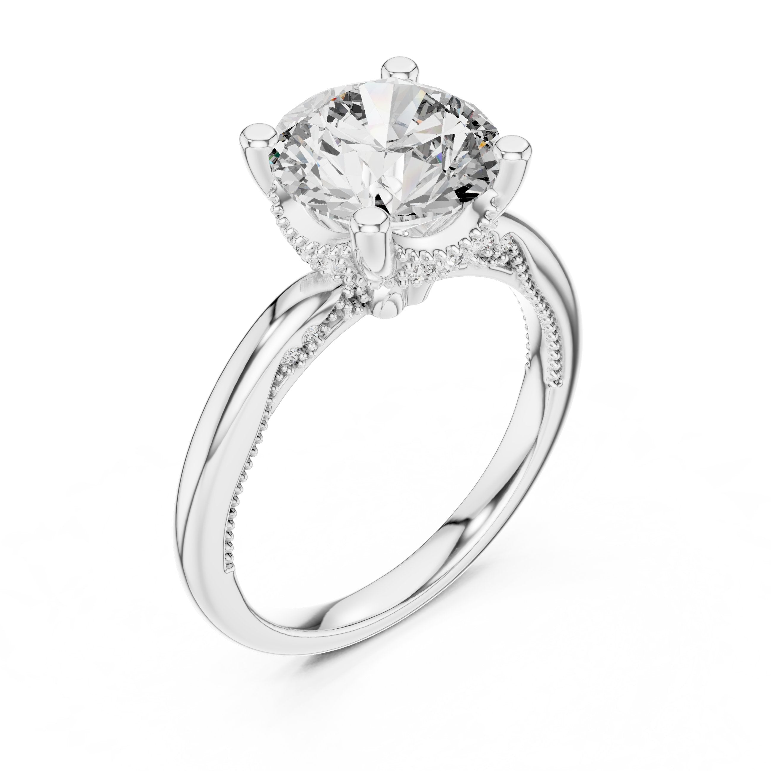 Round Diamond Solitaire Engagement Ring with Vintage Milgrain Band in White Gold - VYKA Diamonds