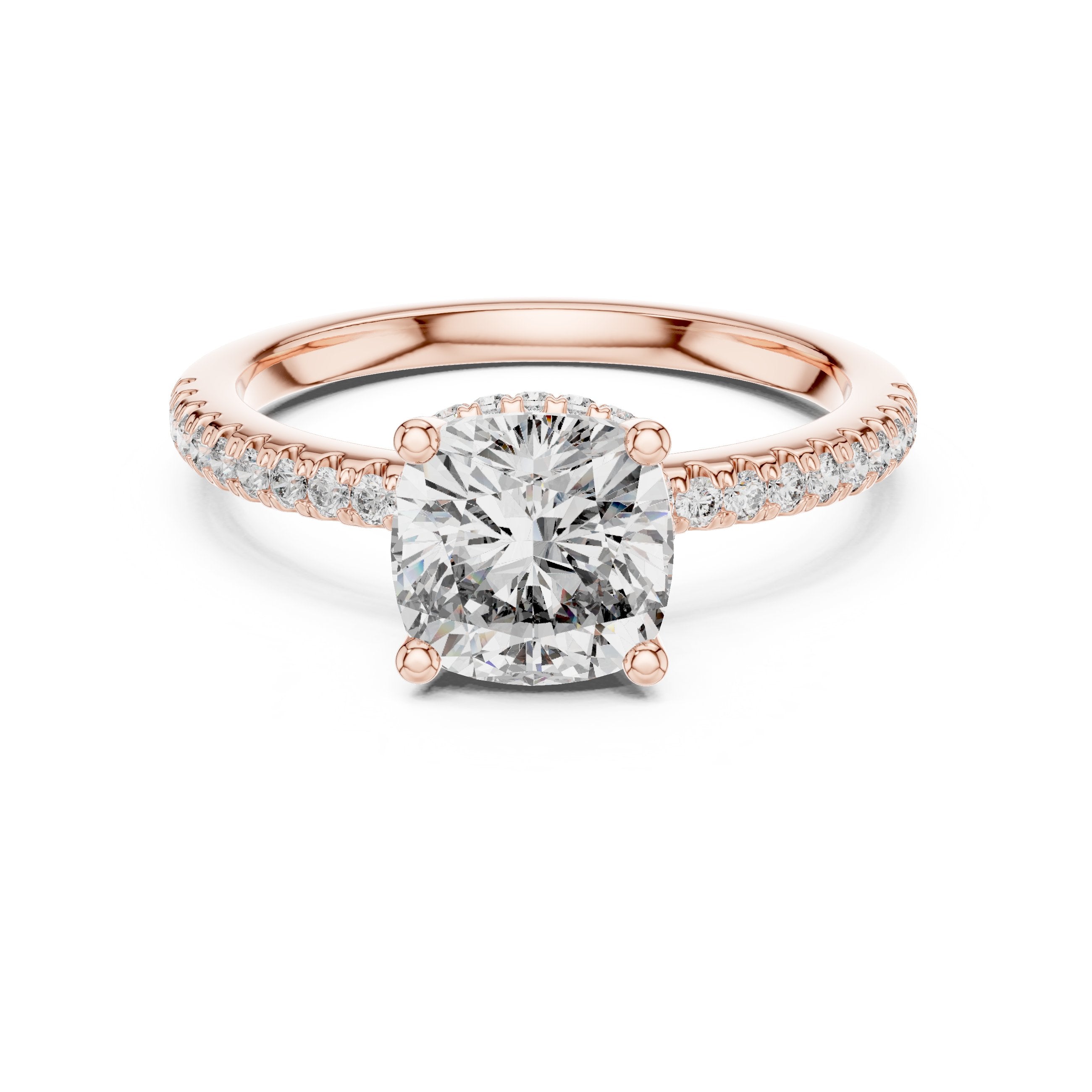 Cushion Cut Engagement Ring with Pavé Band in Rose Gold - VYKA Diamonds