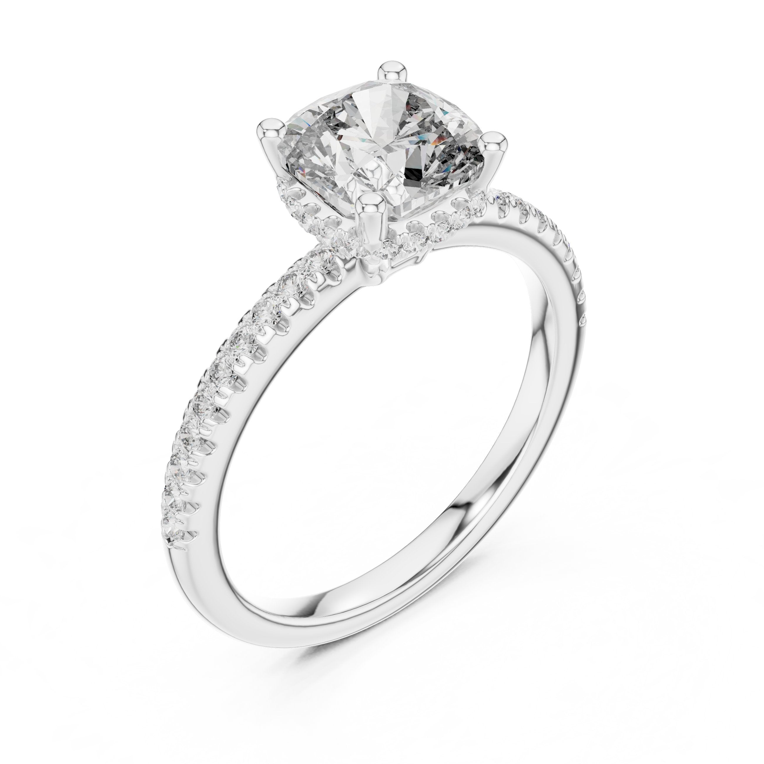 Cushion Cut Engagement Ring with Pavé Band in White Gold - VYKA Diamonds