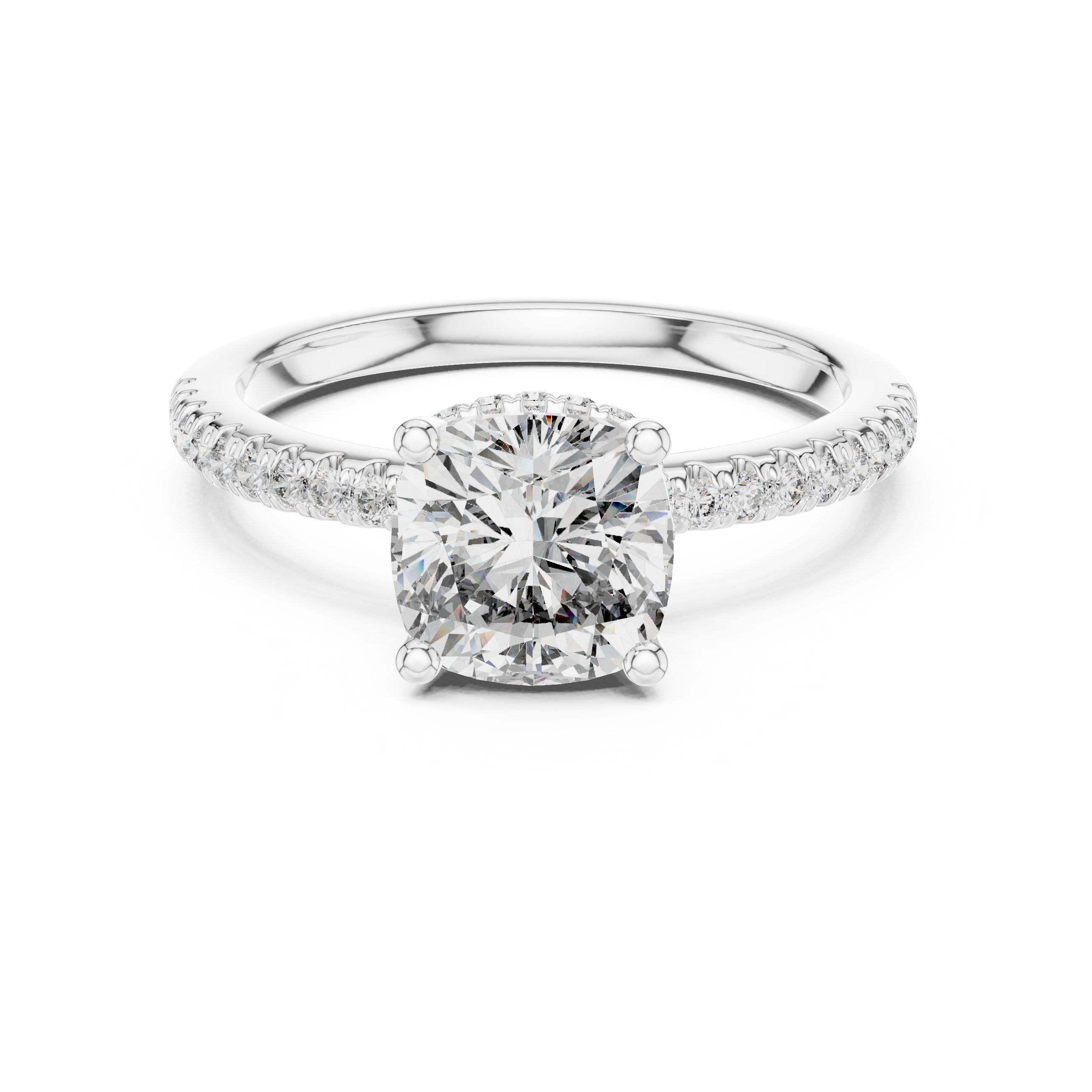Cushion Cut Engagement Ring with Pavé Band in White Gold - VYKA Diamonds