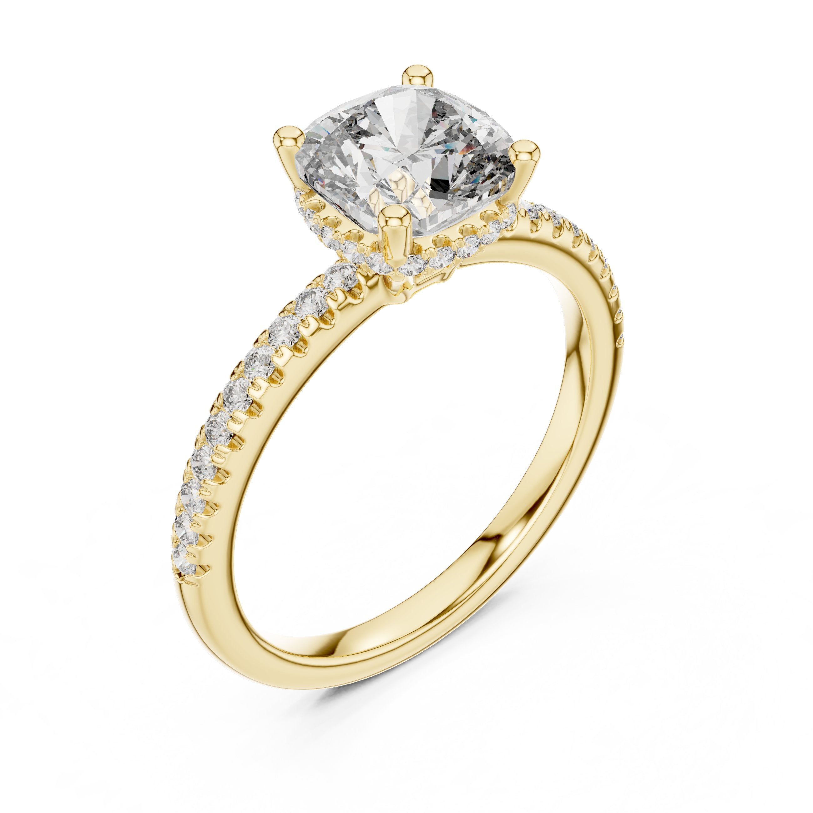 Cushion Cut Engagement Ring with Pavé Band in Yellow Gold - VYKA Diamonds