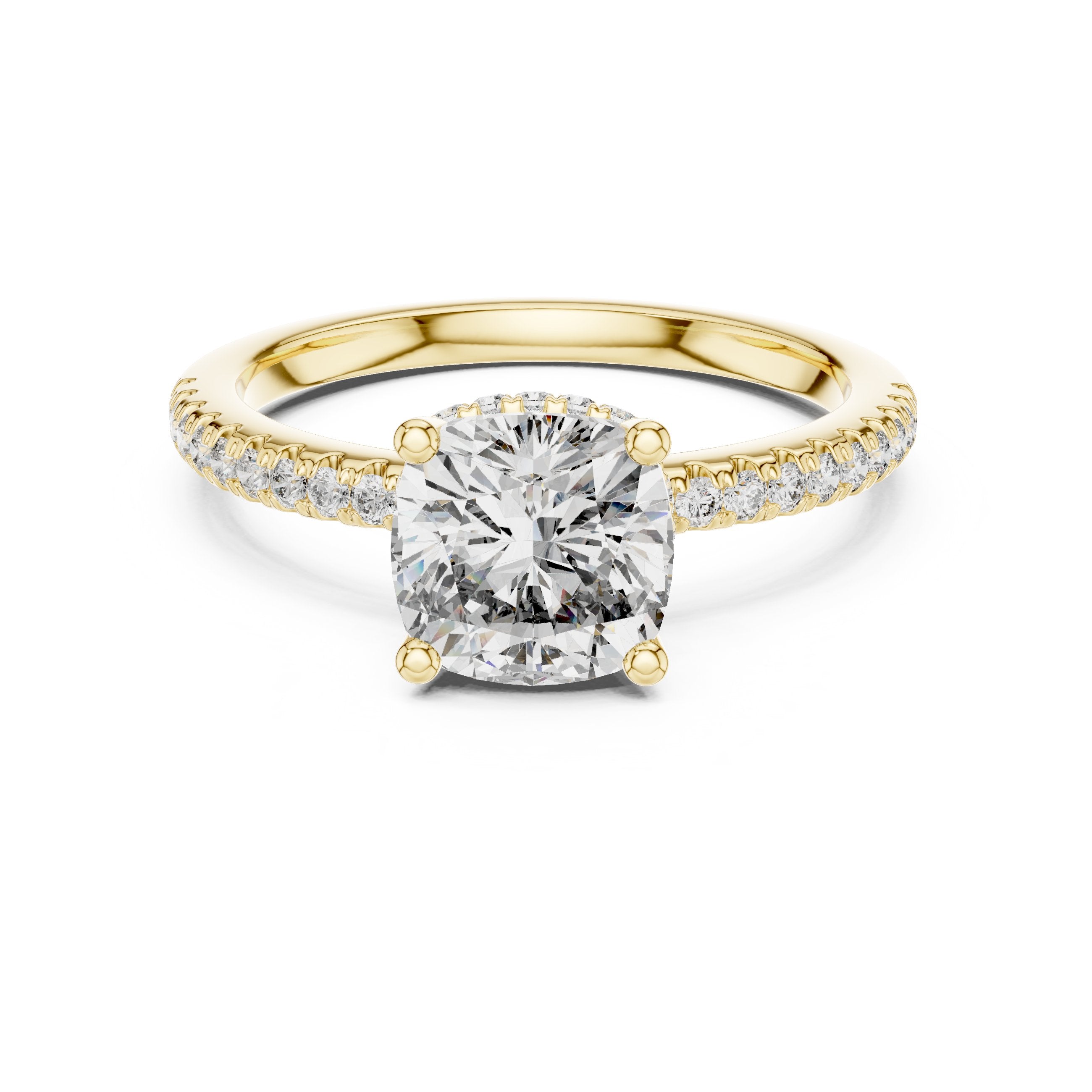 Cushion Cut Engagement Ring with Pavé Band in Yellow Gold - VYKA Diamonds