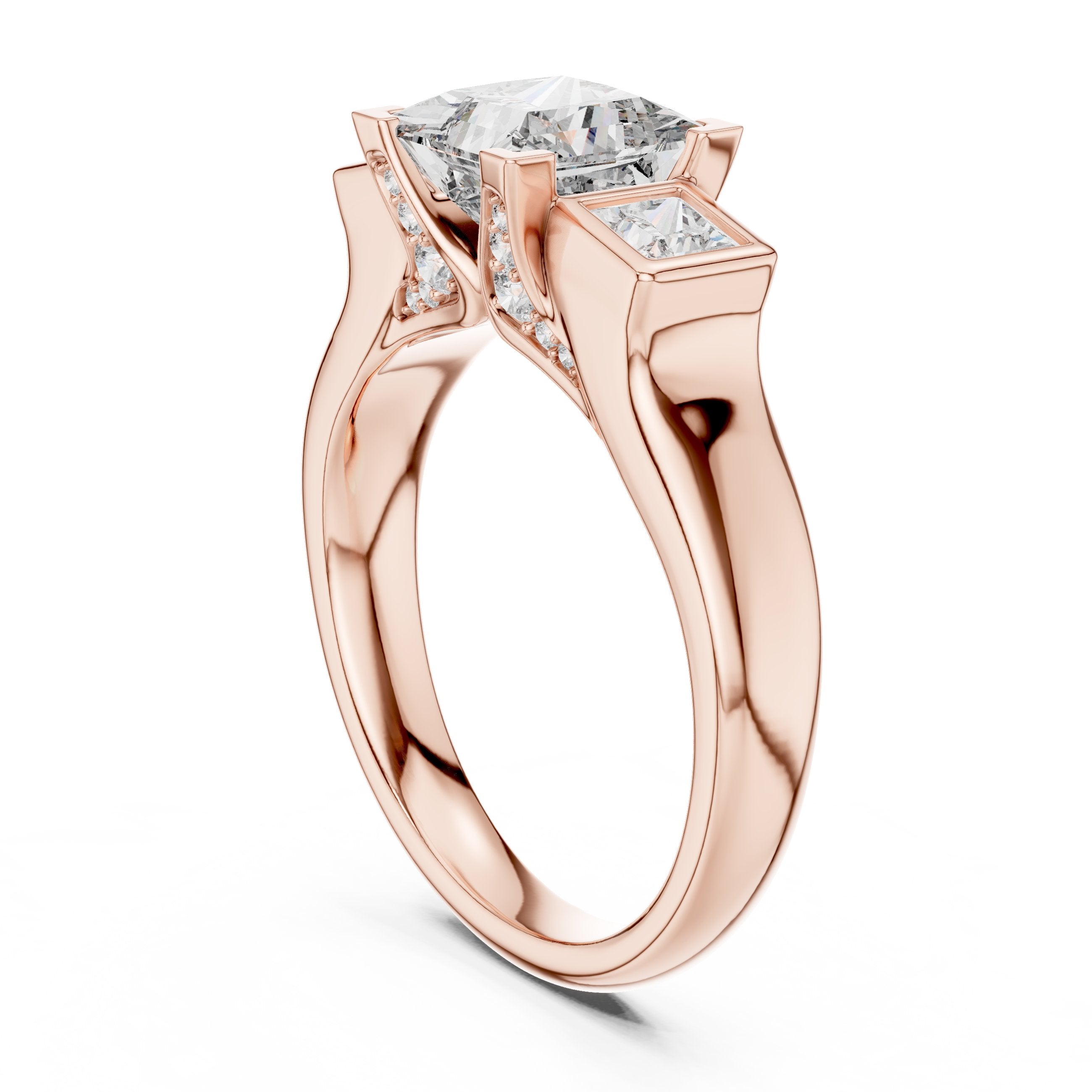 Princess Cut Three Stone Engagement Ring with Channel Set Band in Rose Gold - VYKA Diamonds