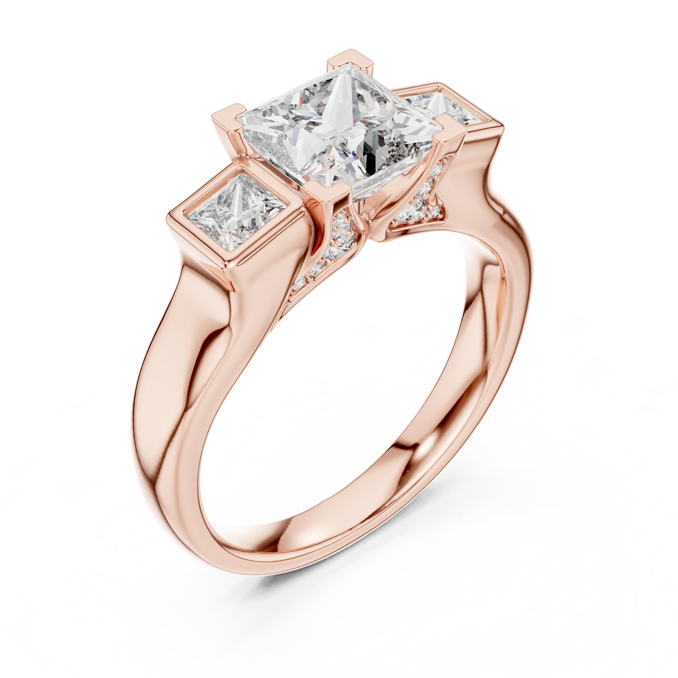 Princess Cut Three Stone Engagement Ring with Channel Set Band in Rose Gold - VYKA Diamonds