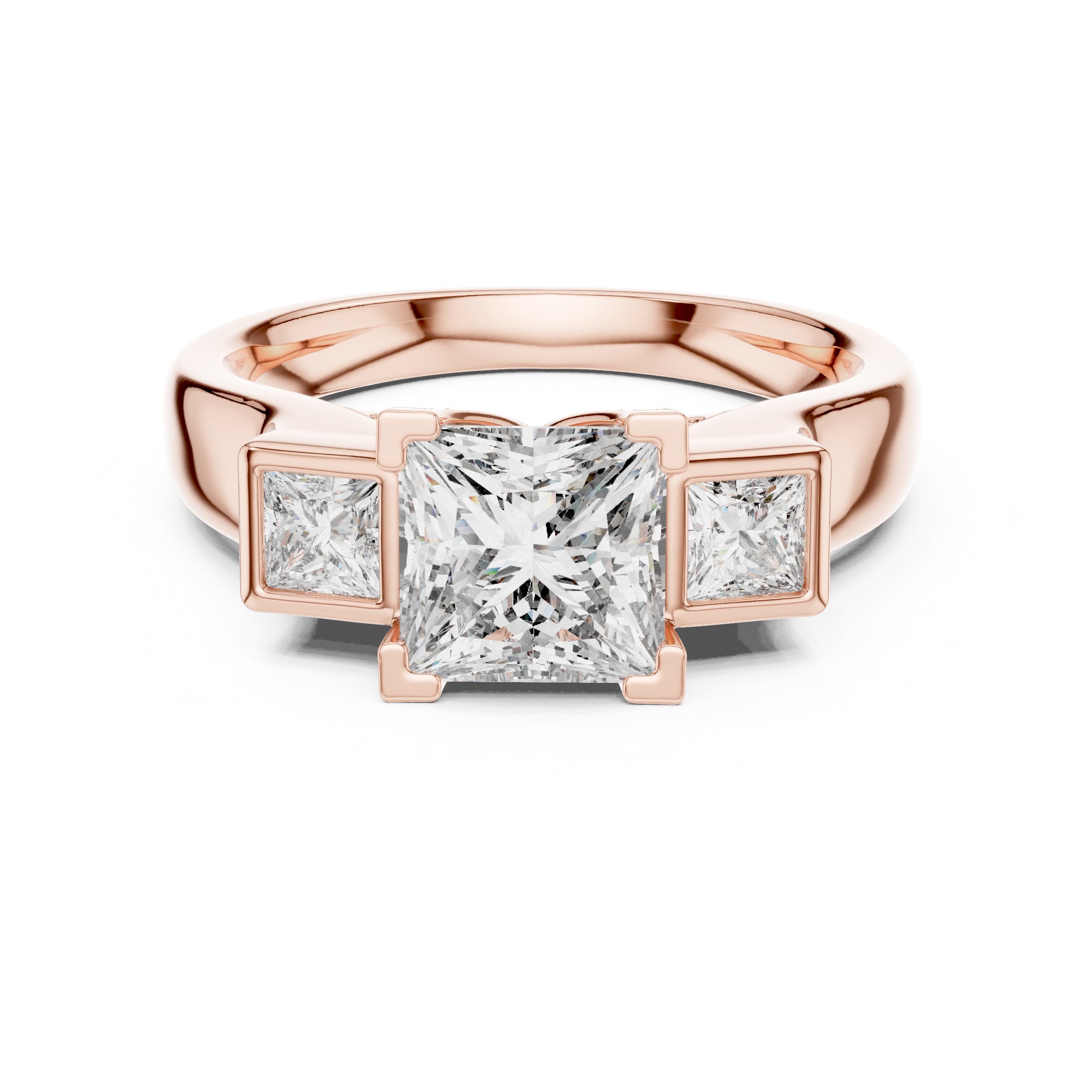 Princess Cut Three Stone Engagement Ring with Channel Set Band in Rose Gold - VYKA Diamonds