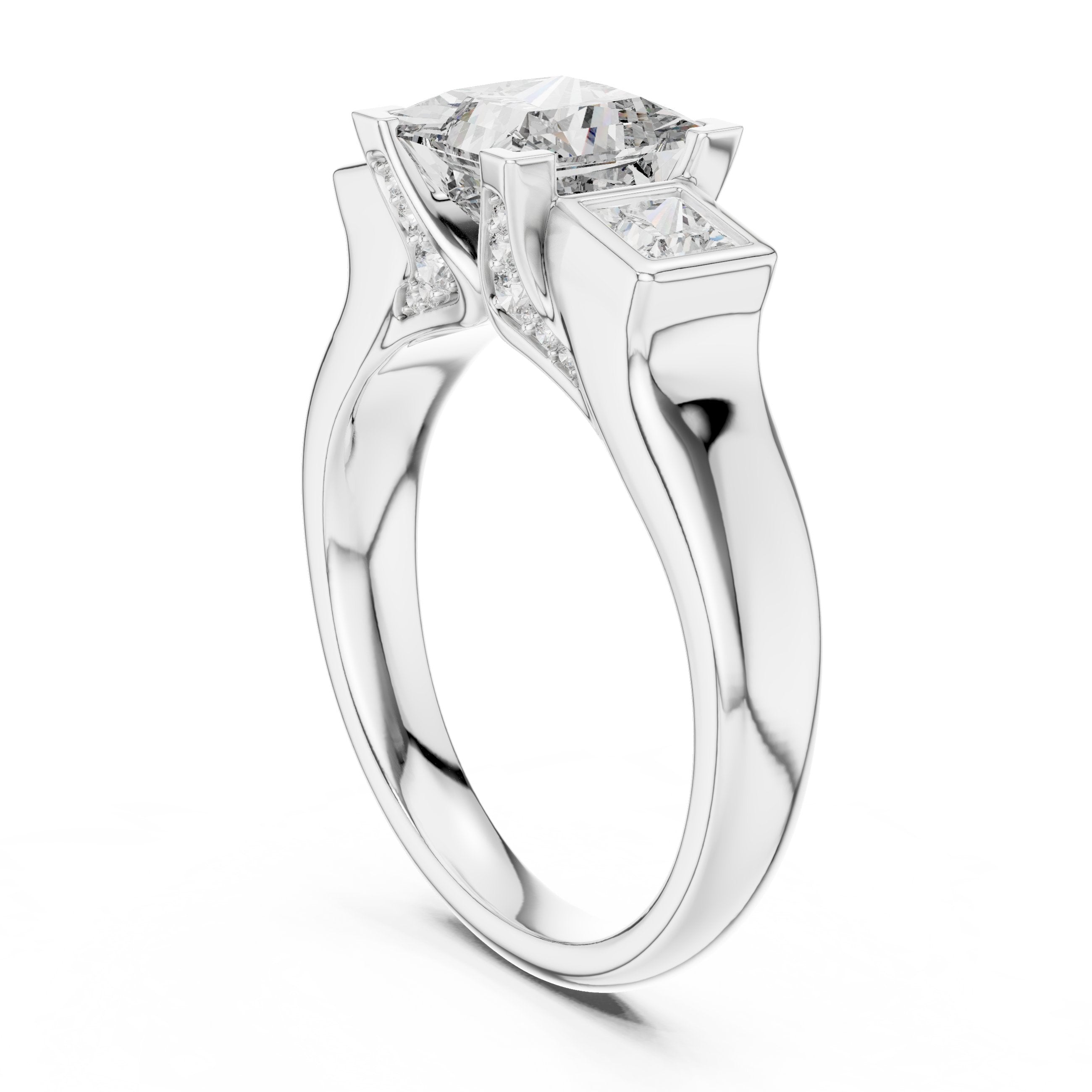 Princess Cut Three Stone Engagement Ring with Channel Set Band in White Gold - VYKA Diamonds