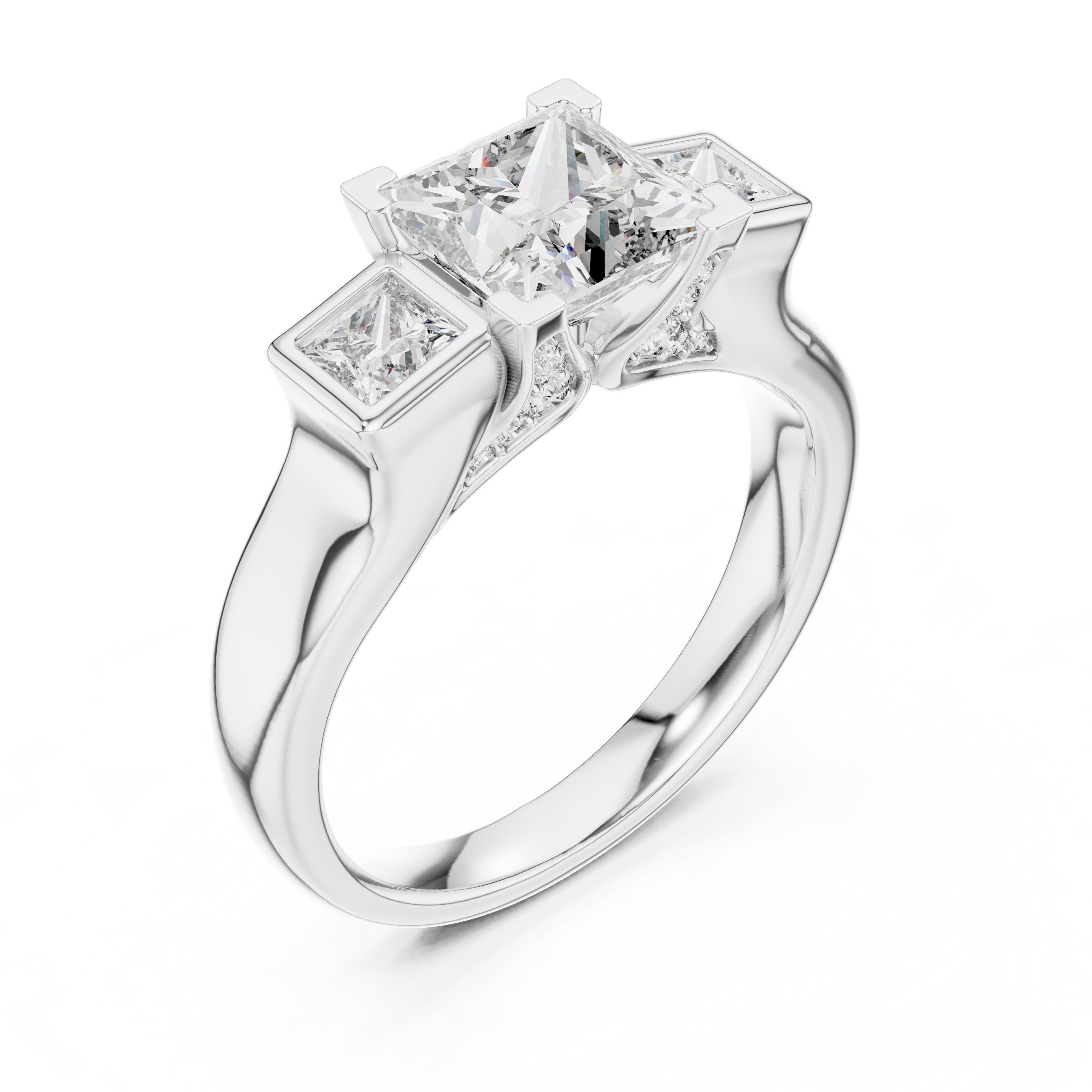 Princess Cut Three Stone Engagement Ring with Channel Set Band in White Gold - VYKA Diamonds