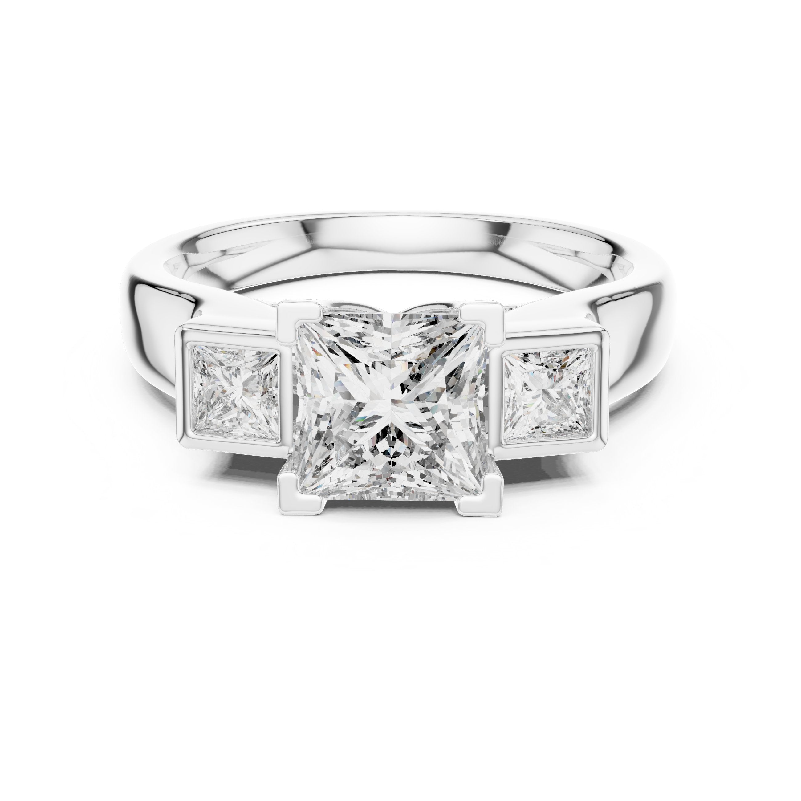 Princess Cut Three Stone Engagement Ring with Channel Set Band in White Gold - VYKA Diamonds