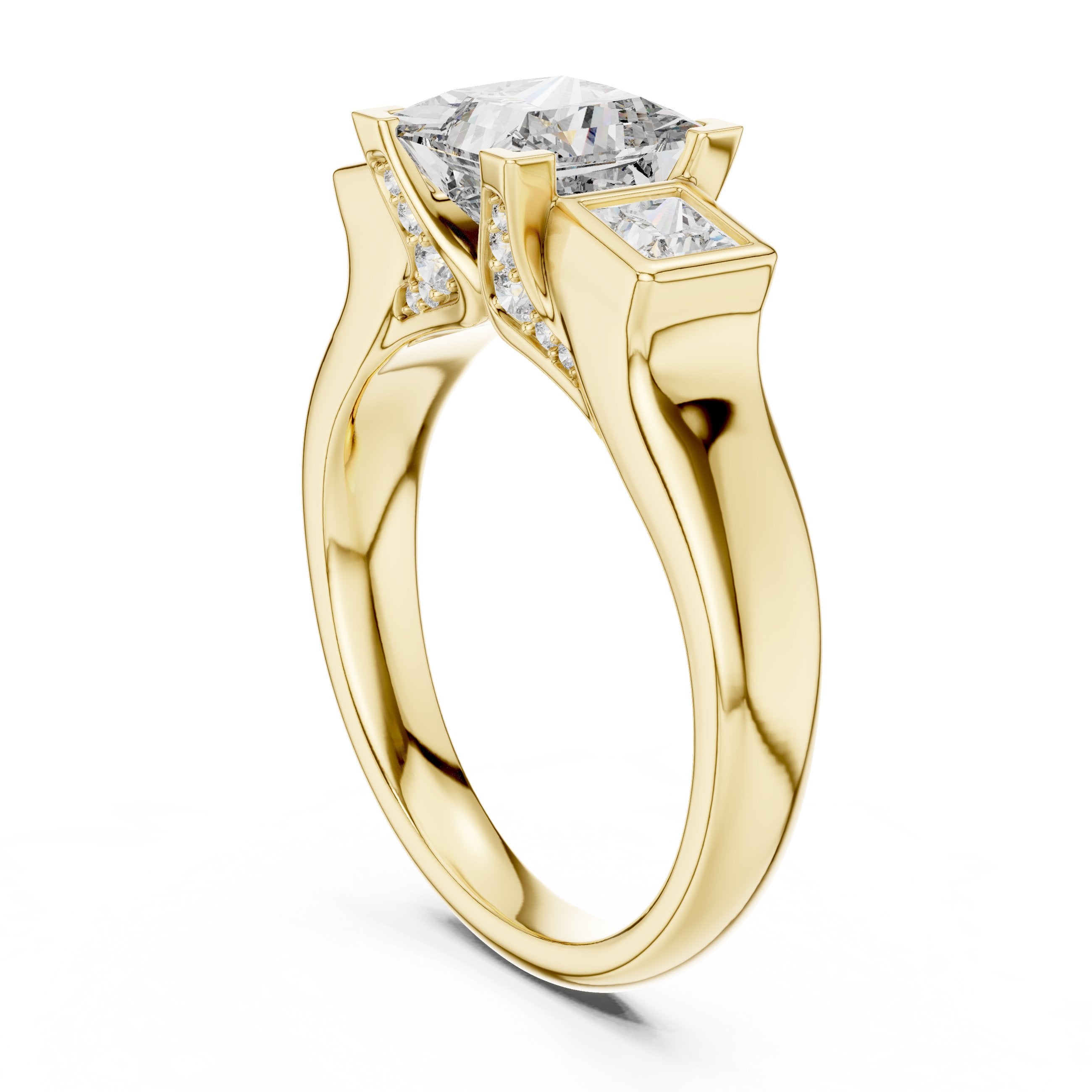 Princess Cut Three Stone Engagement Ring with Channel Set Band in Yellow Gold - VYKA Diamonds