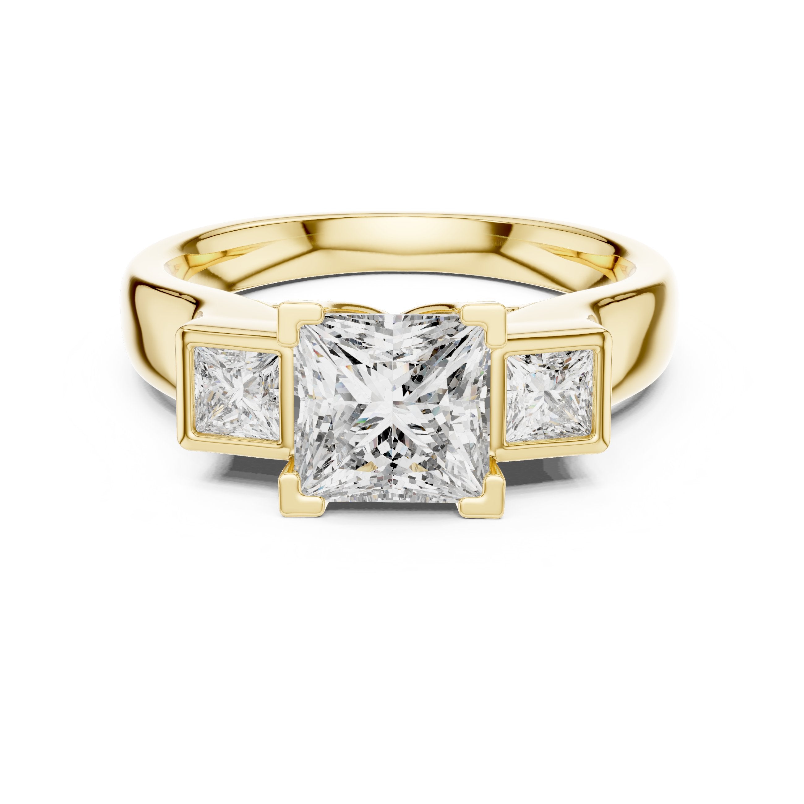 Princess Cut Three Stone Engagement Ring with Channel Set Band in Yellow Gold - VYKA Diamonds