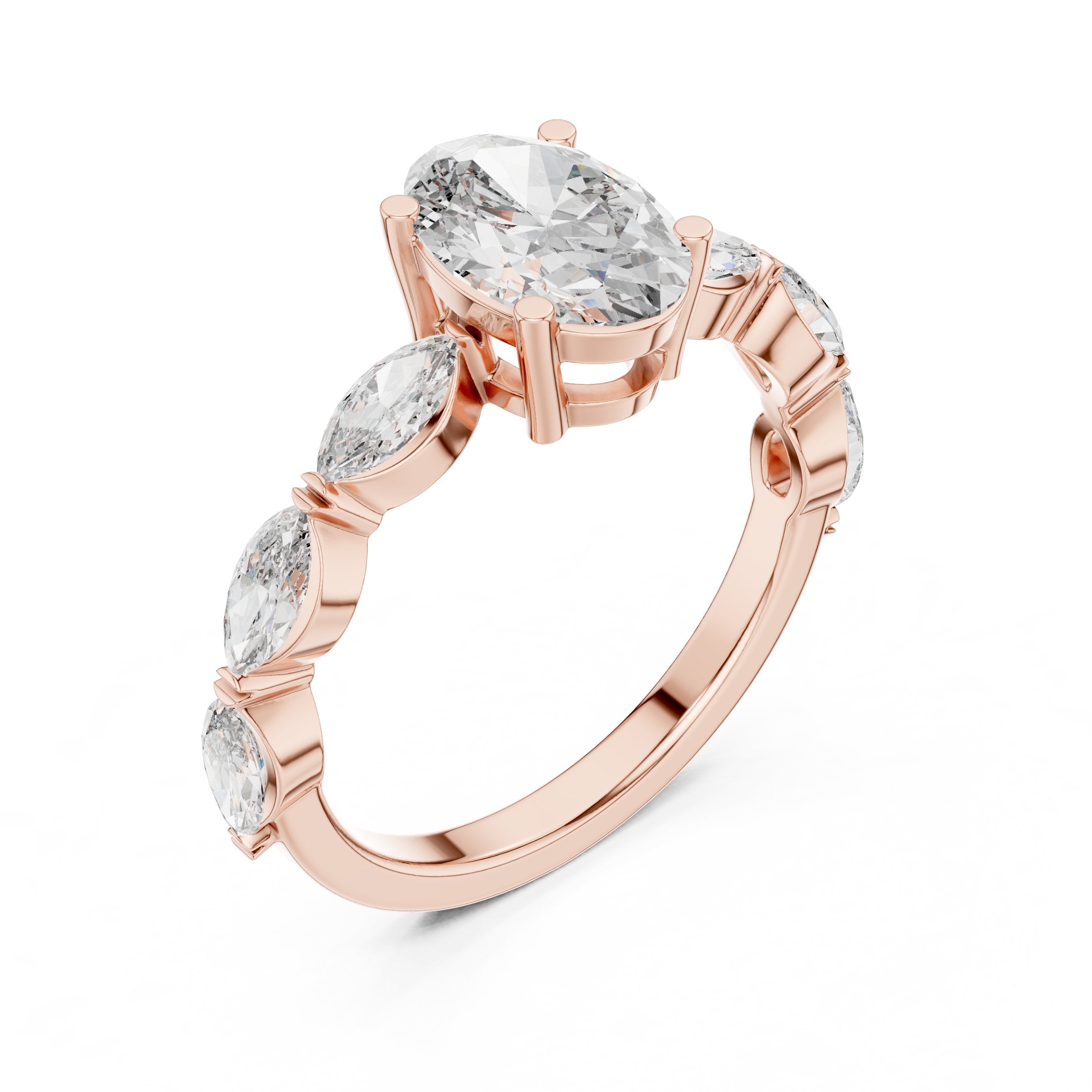 Oval Diamond Engagement Ring with Marquise Side Accents in Rose Gold - VYKA Diamonds