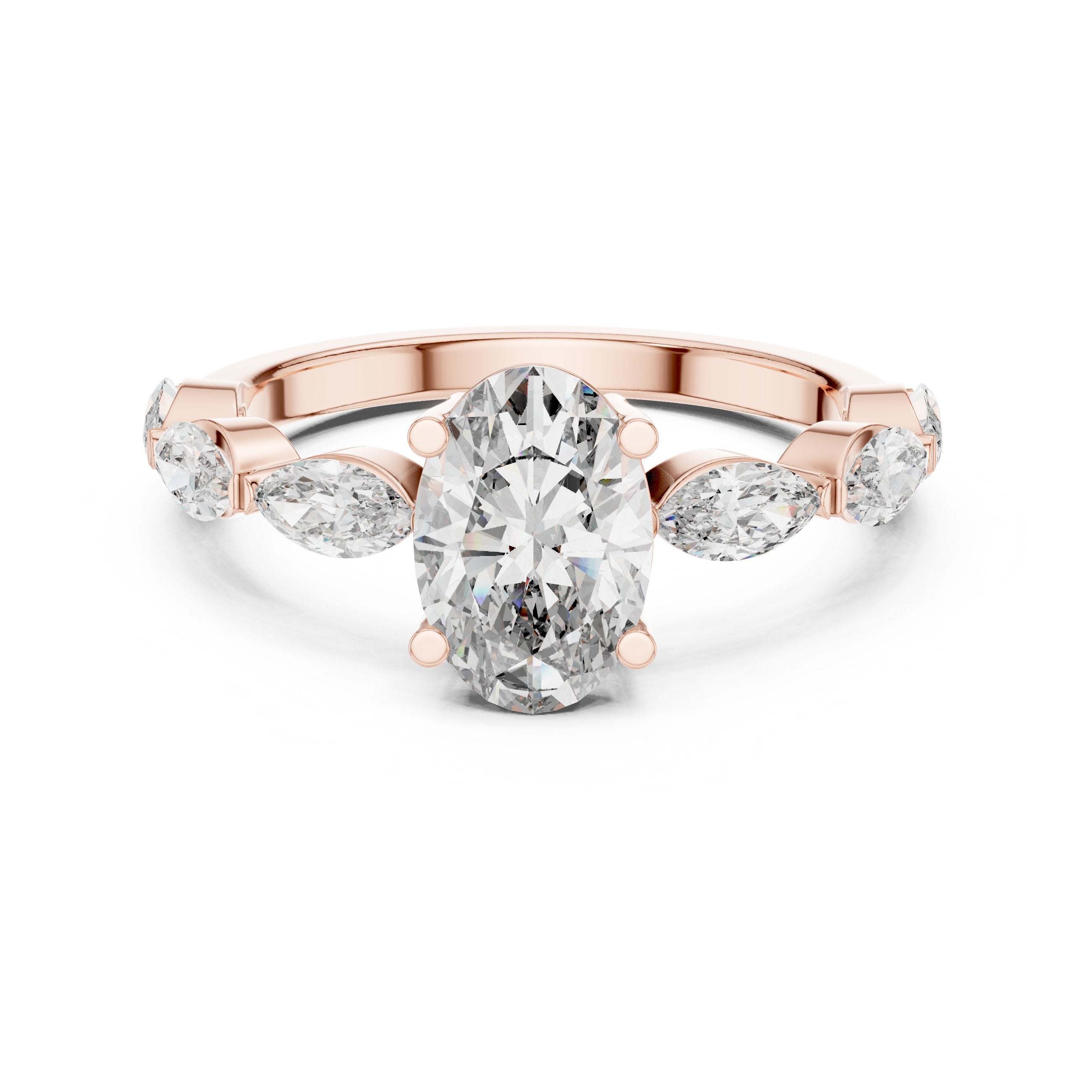Oval Diamond Engagement Ring with Marquise Side Accents in Rose Gold - VYKA Diamonds