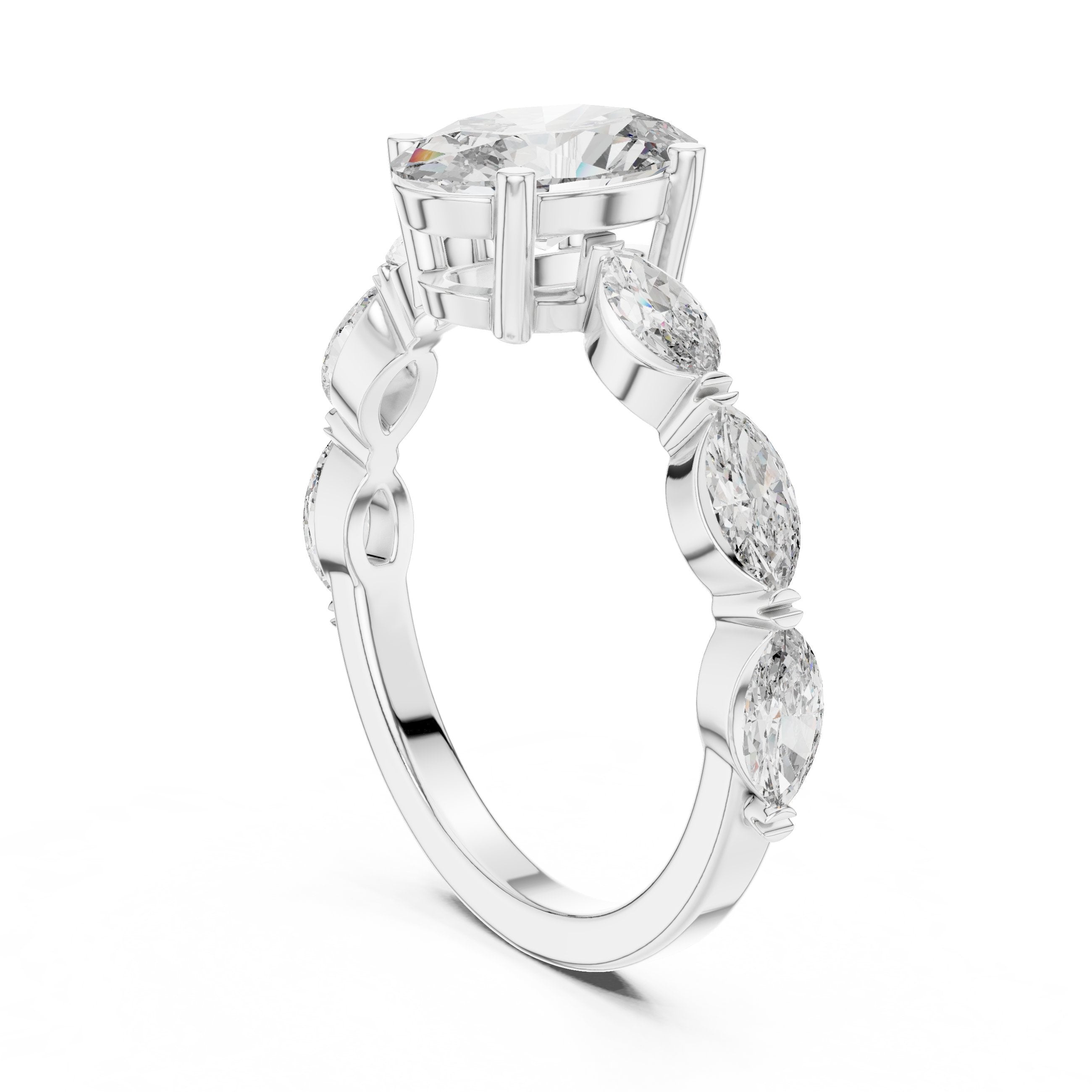 Oval Diamond Engagement Ring with Marquise Side Accents in White Gold - VYKA Diamonds