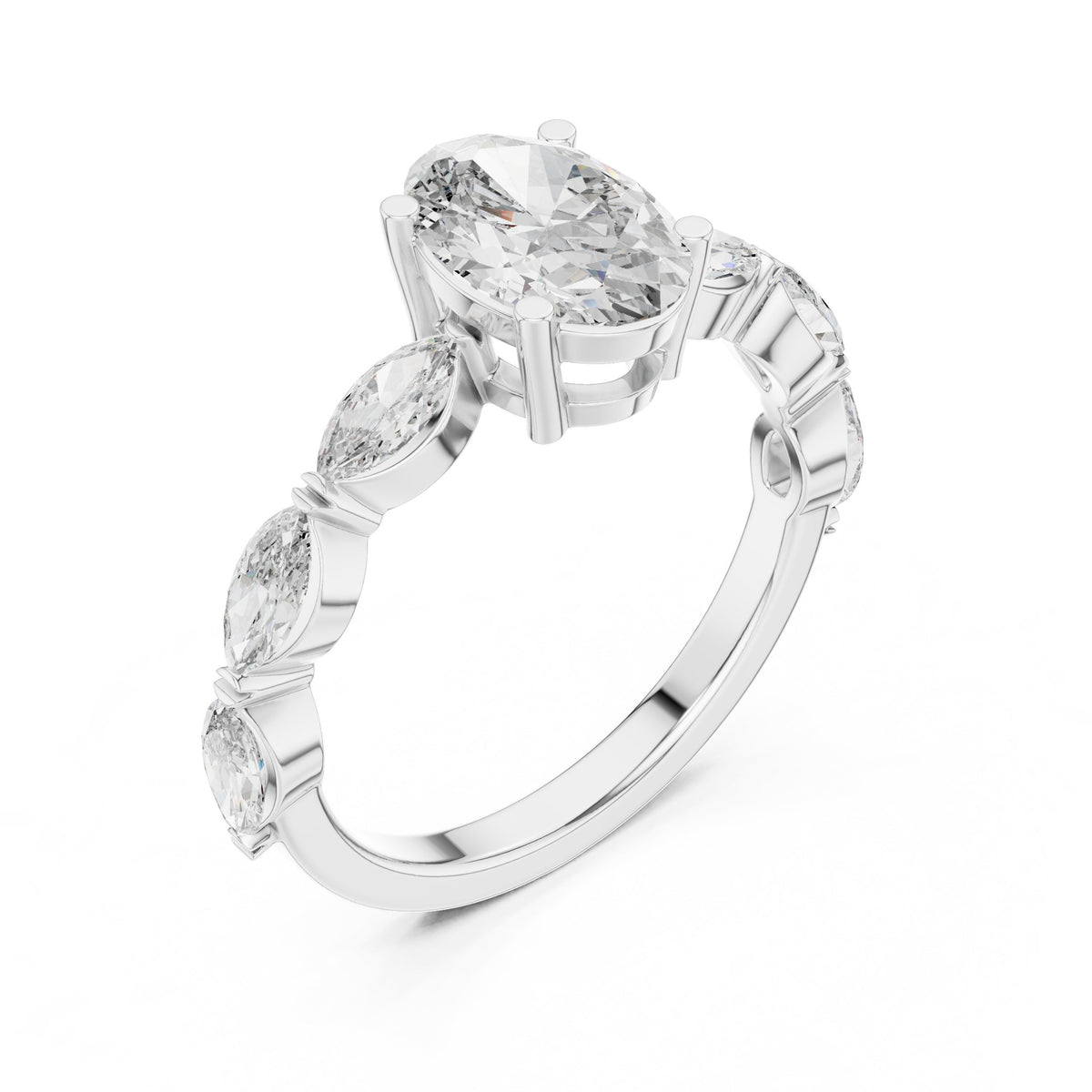 Oval Diamond Engagement Ring with Marquise Side Accents