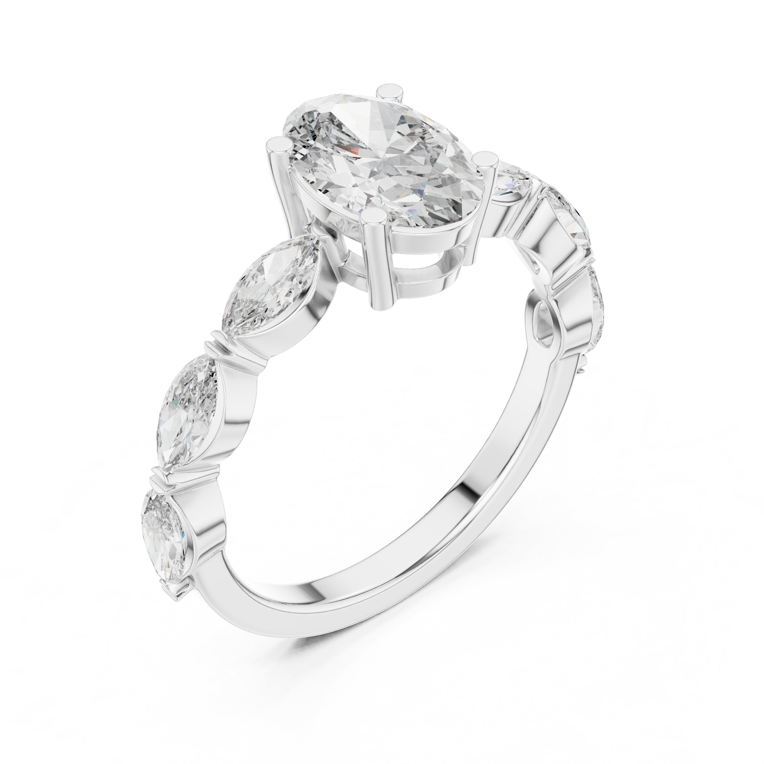 Oval Diamond Engagement Ring with Marquise Side Accents in White Gold - VYKA Diamonds
