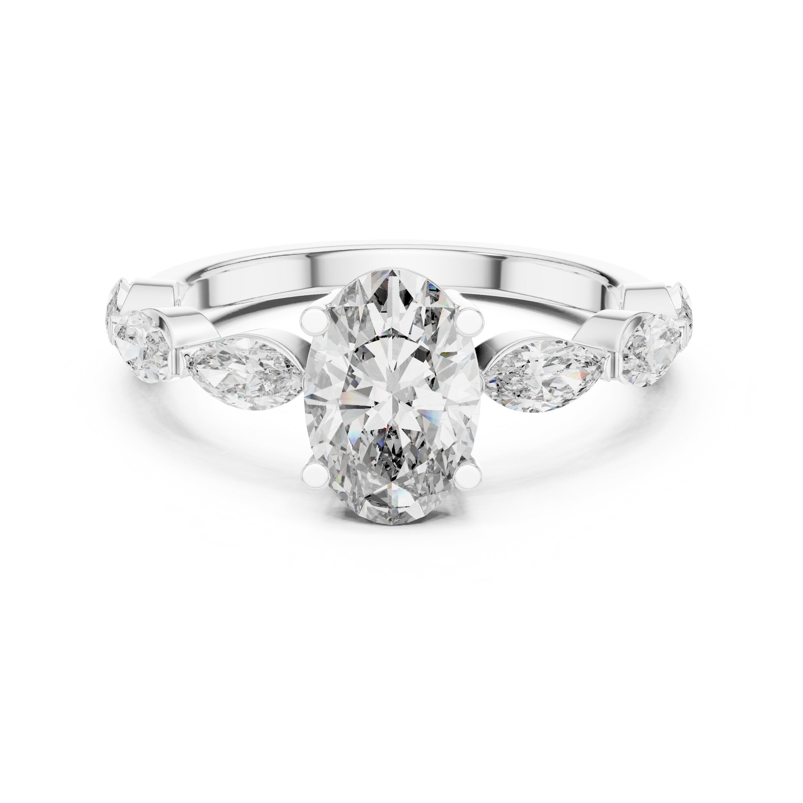 Oval Diamond Engagement Ring with Marquise Side Accents in White Gold - VYKA Diamonds
