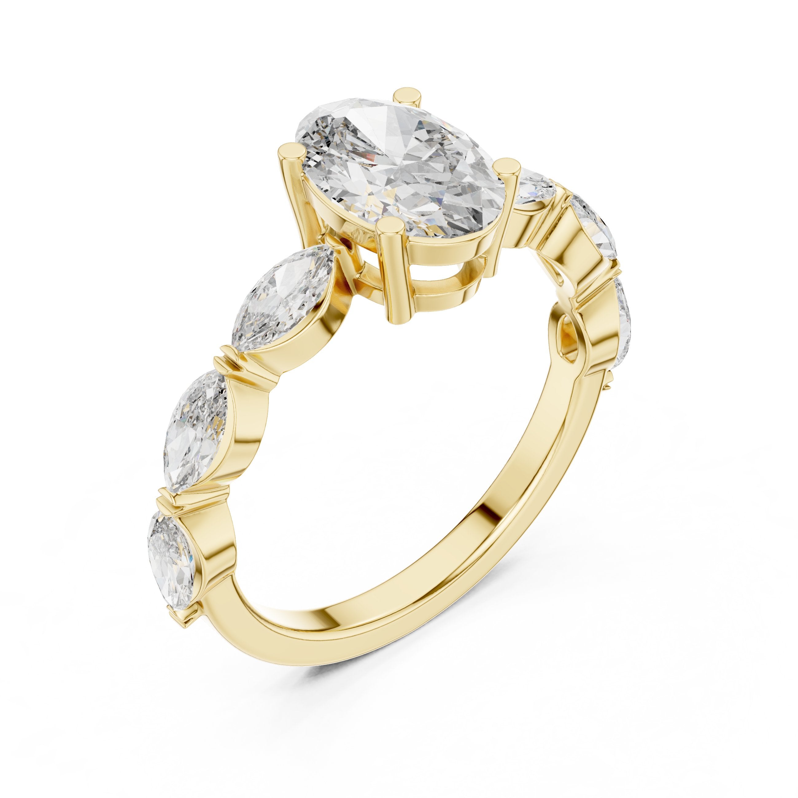 Oval Diamond Engagement Ring with Marquise Side Accents in Yellow Gold - VYKA Diamonds