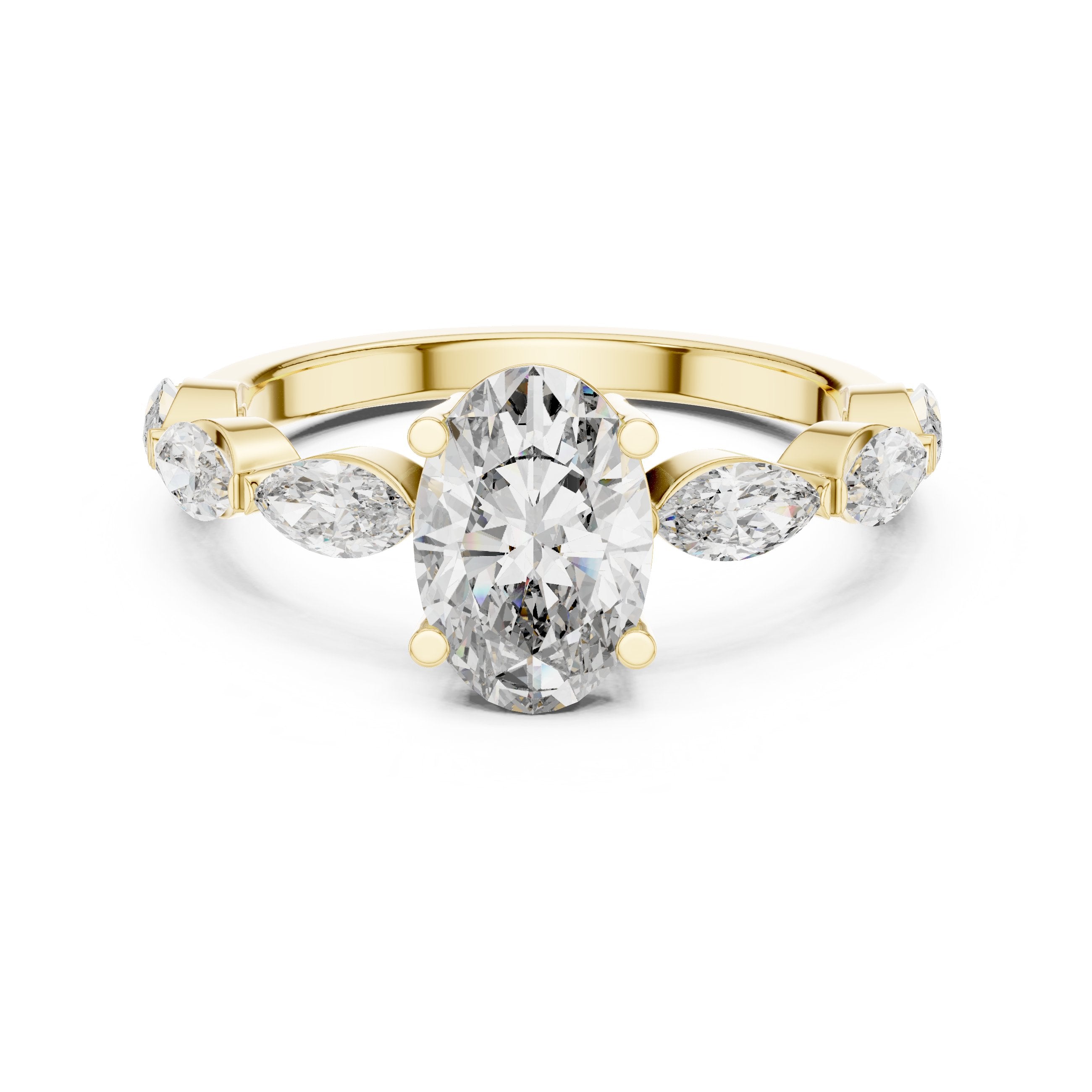 Oval Diamond Engagement Ring with Marquise Side Accents in Yellow Gold - VYKA Diamonds